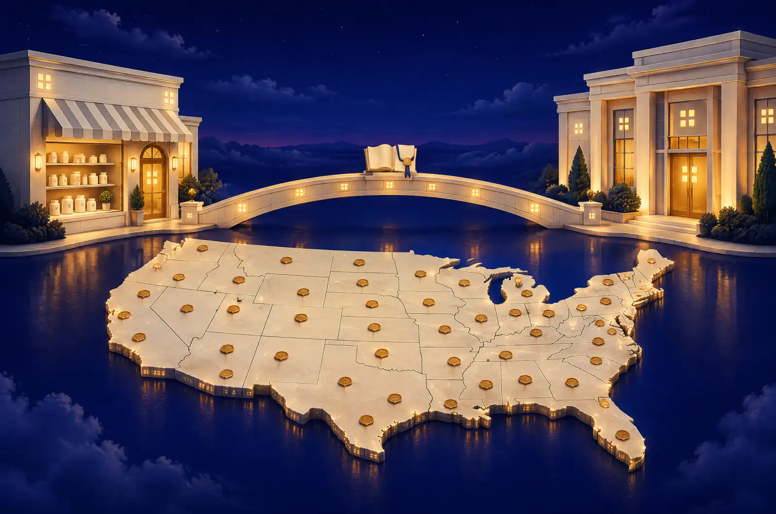 Editorial illustration of a wellness storefront linked by a lit bridge to a clinic across a map of US states marked with license seals