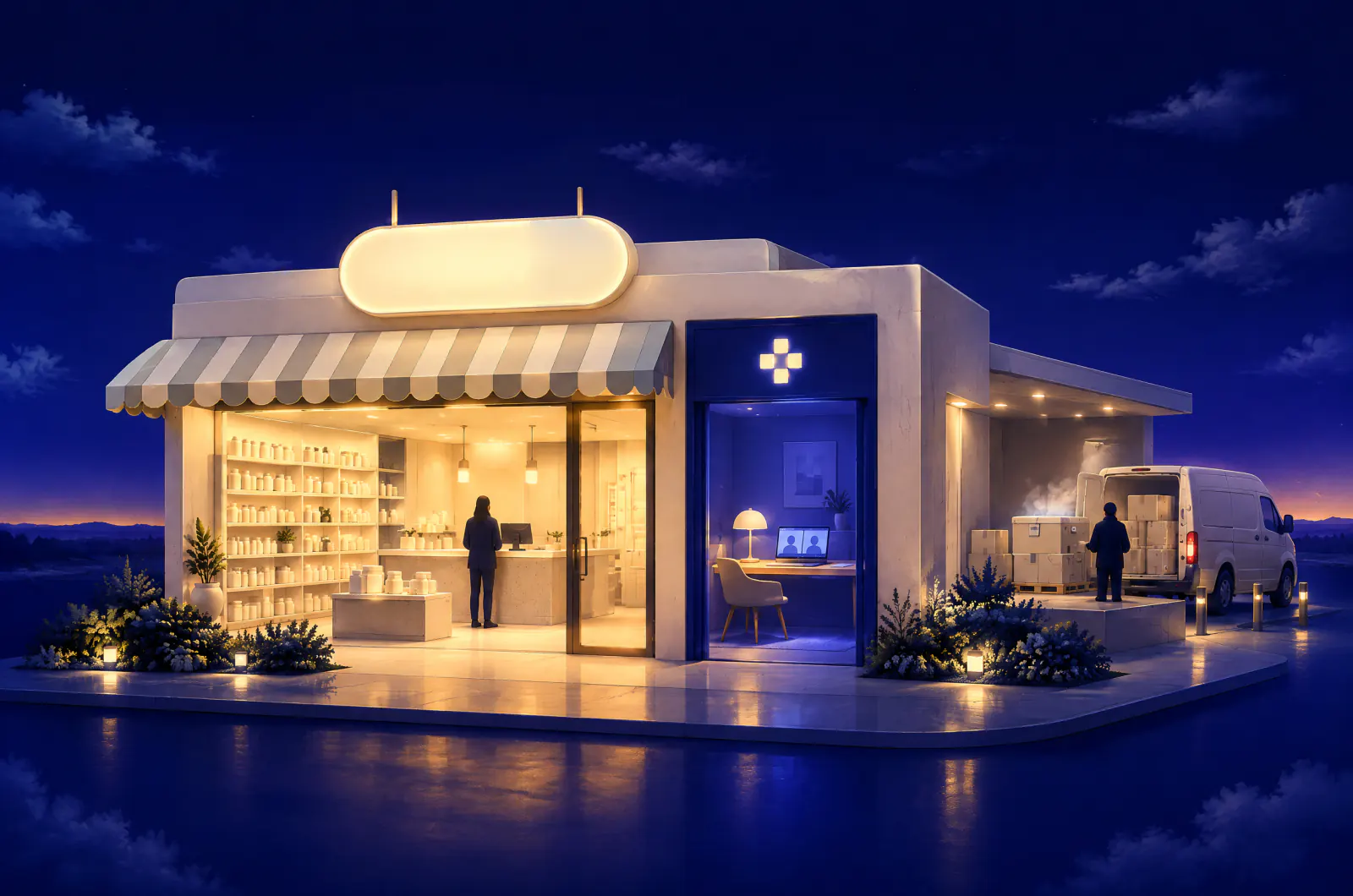 Illustrated dusk cutaway of a wellness shop with shelves of plain supplement bottles, a separate lit consultation doorway beside the checkout opening onto a provider's video-call desk with a prescription pad, and pharmacy parcels beside a delivery van at a separate loading bay