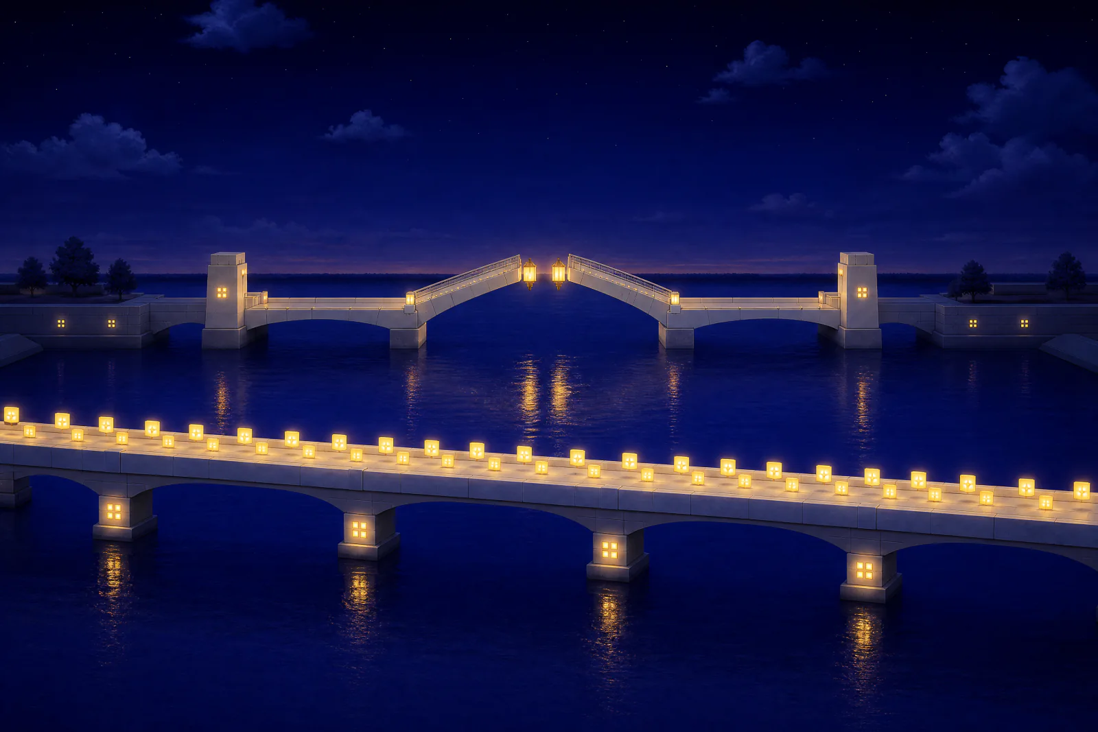Illustrated straight footbridge carrying a stream of glowing cards beside a drawbridge where two lanterns meet
