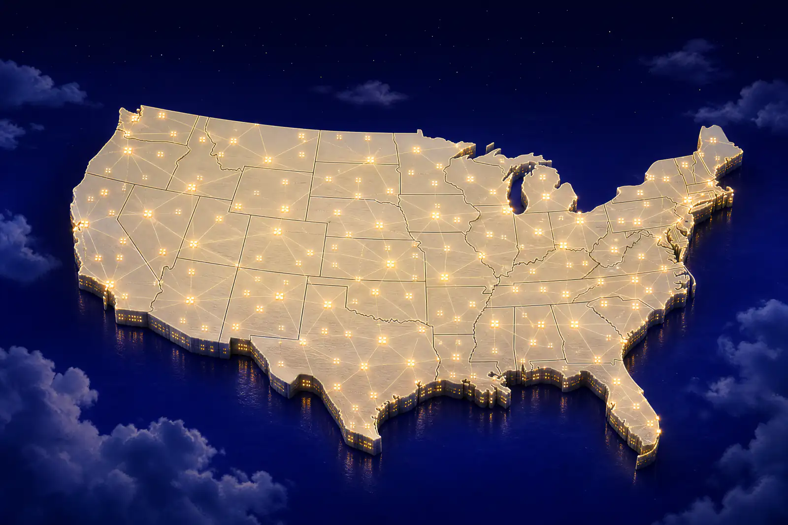 Illustrated night map of the United States with glowing nodes in every state joined into one network