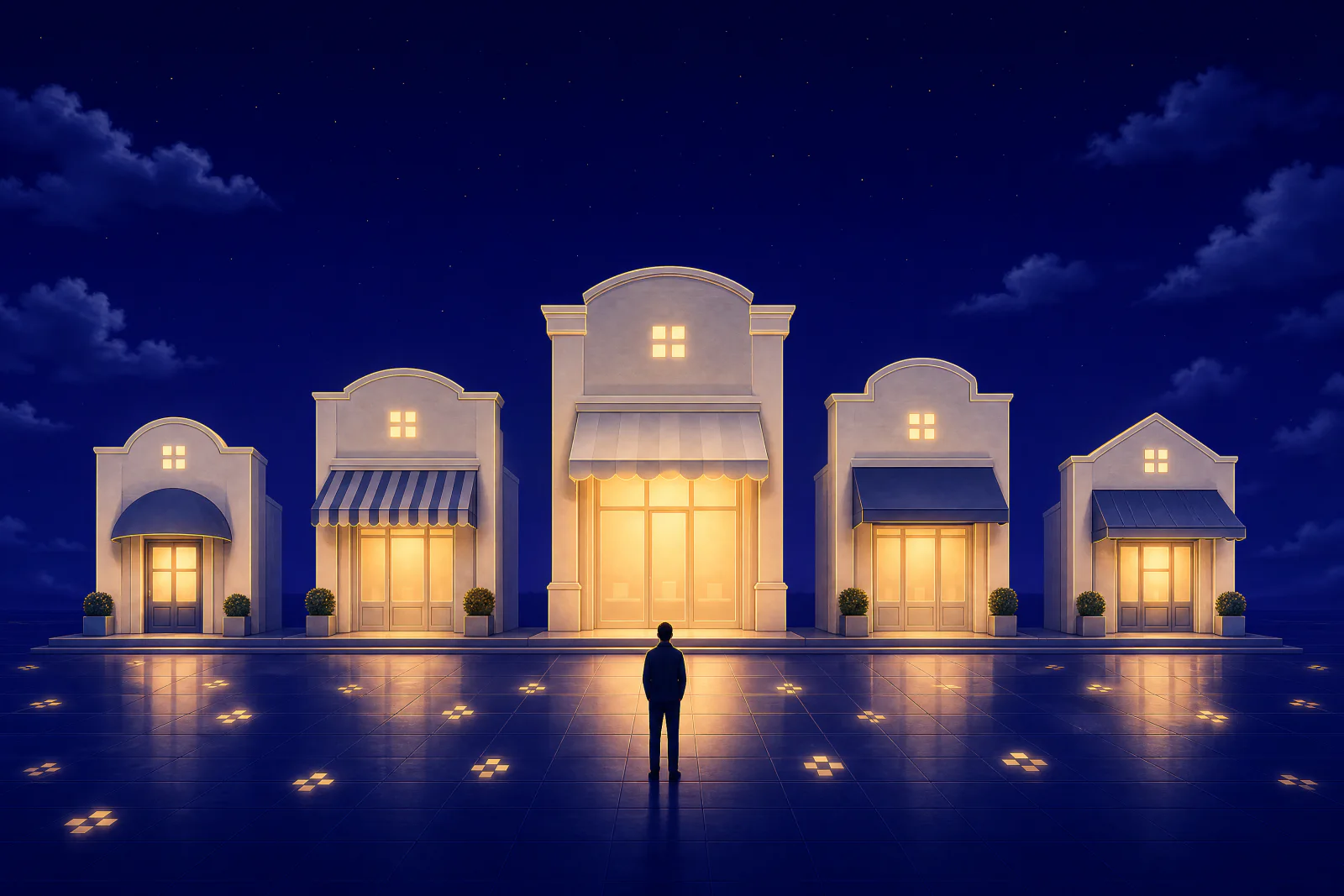 Illustrated row of five storefronts arranged like a podium, the tallest one lit from within