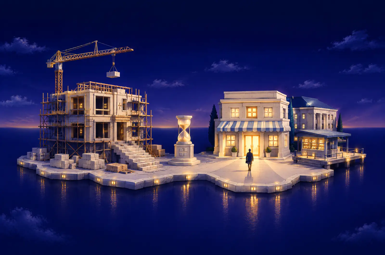 Illustrated dusk scene of a half-built stone clinic under scaffolding and a crane beside a finished lit shopfront on a glowing foundation, an hourglass between them