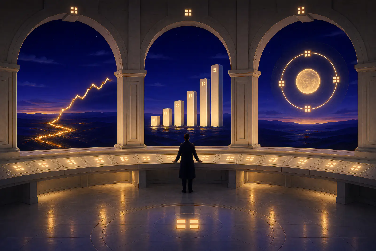 Illustrated stone control room where a figure at a console faces three arched windows showing a rising line of lights, towers like chart columns and a ringed moon like a dial