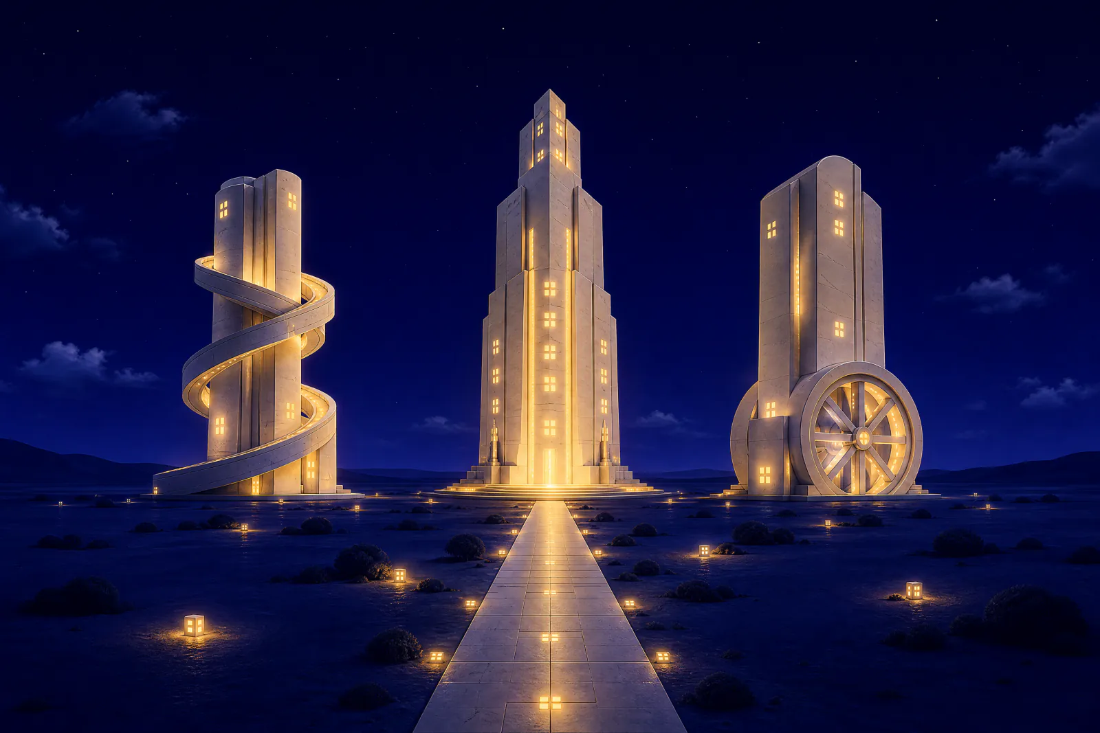Illustrated three towers on a plain, one wrapped in a looping ramp, one with a wheel at its base, the center one lit