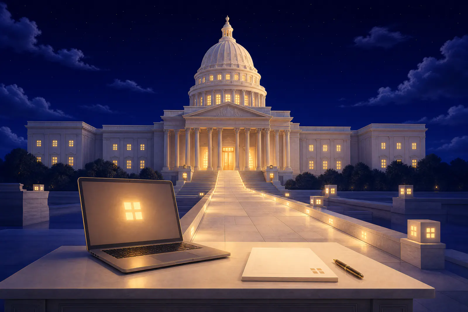 Illustrated capitol building with open doors and a desk holding a laptop and a blank prescription pad