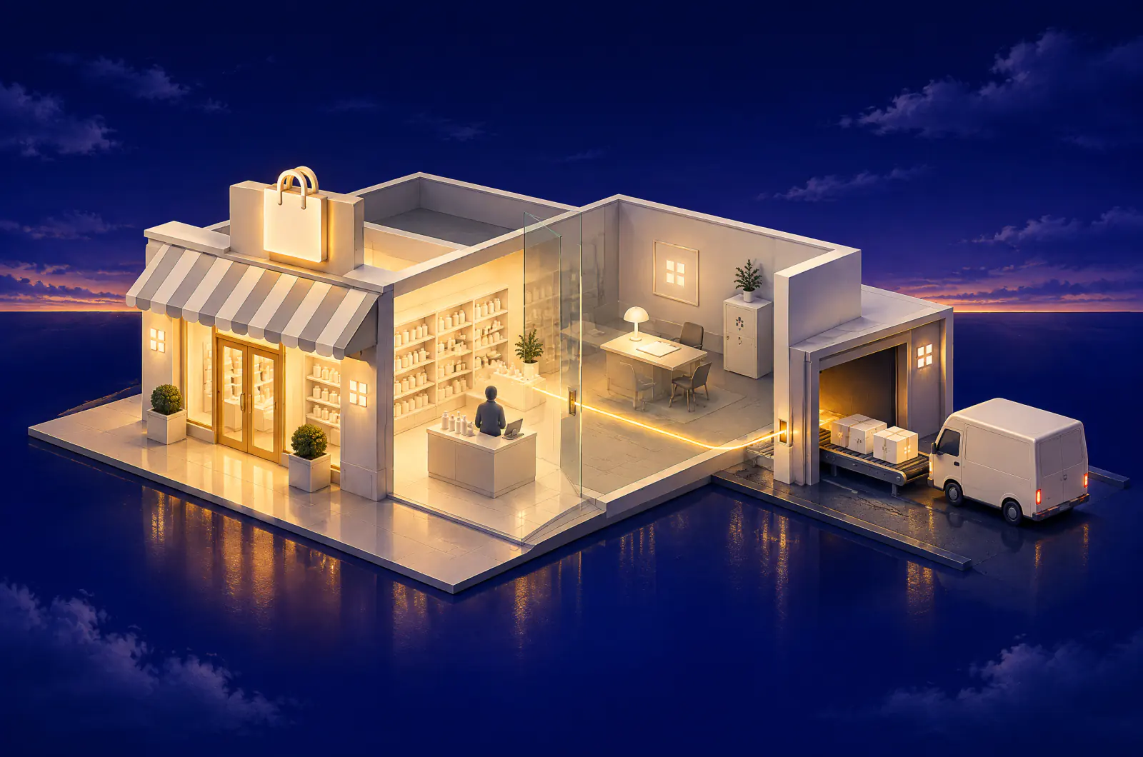 Illustrated dusk cutaway of a storefront with a shopping bag sign, a glass wall separating the shop floor from a room with a prescription pad, and a loading bay with pharmacy parcels and a delivery van