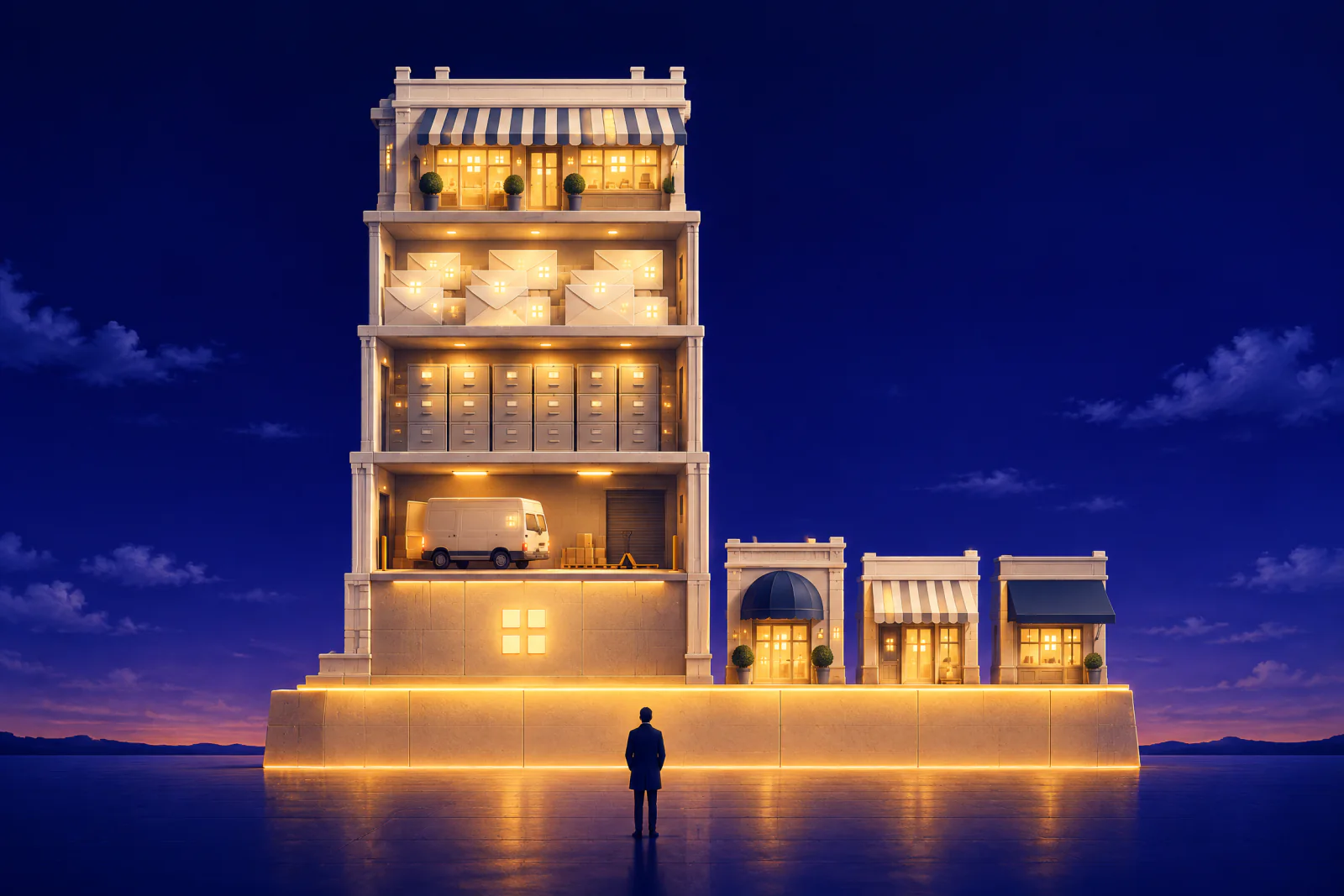 Illustrated cutaway of a building whose stacked floors, from storefront to delivery dock, rest on one lit foundation shared by several shopfronts