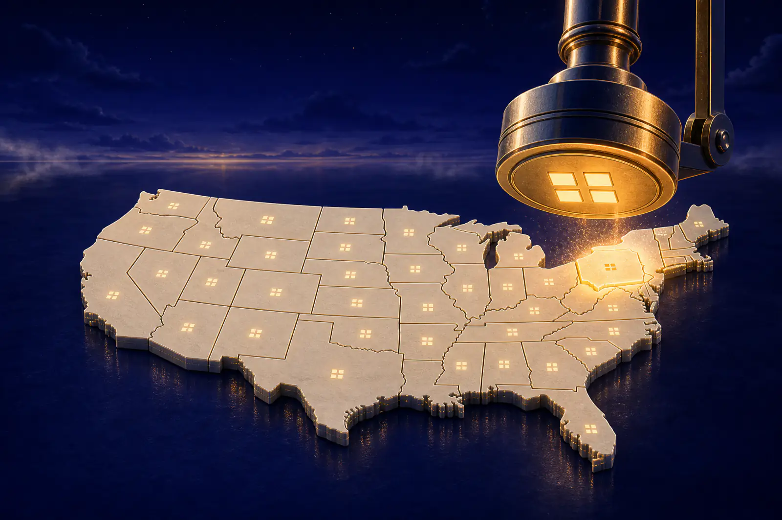 Illustrated map of the United States made of fifty stone tiles, a ceremonial seal pressing the final tile