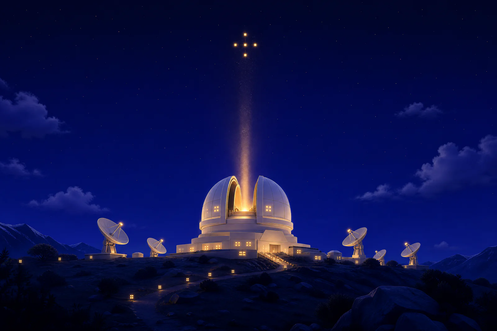 Illustrated observatory dome sending a beam of light to a constellation while dish antennas point at it