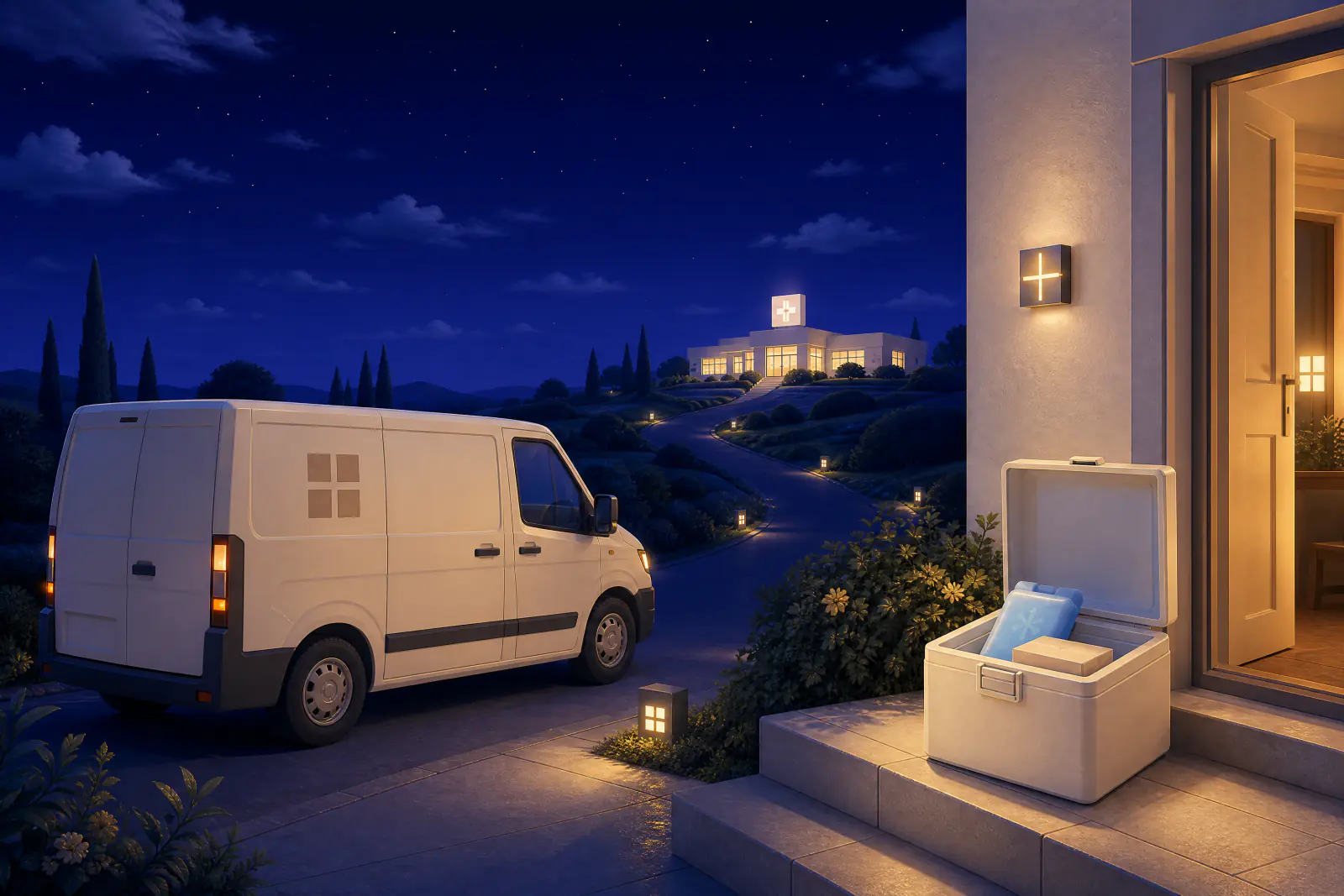 Illustrated delivery van at a lit doorstep with an open cooler box and ice pack, a pharmacy in the distance