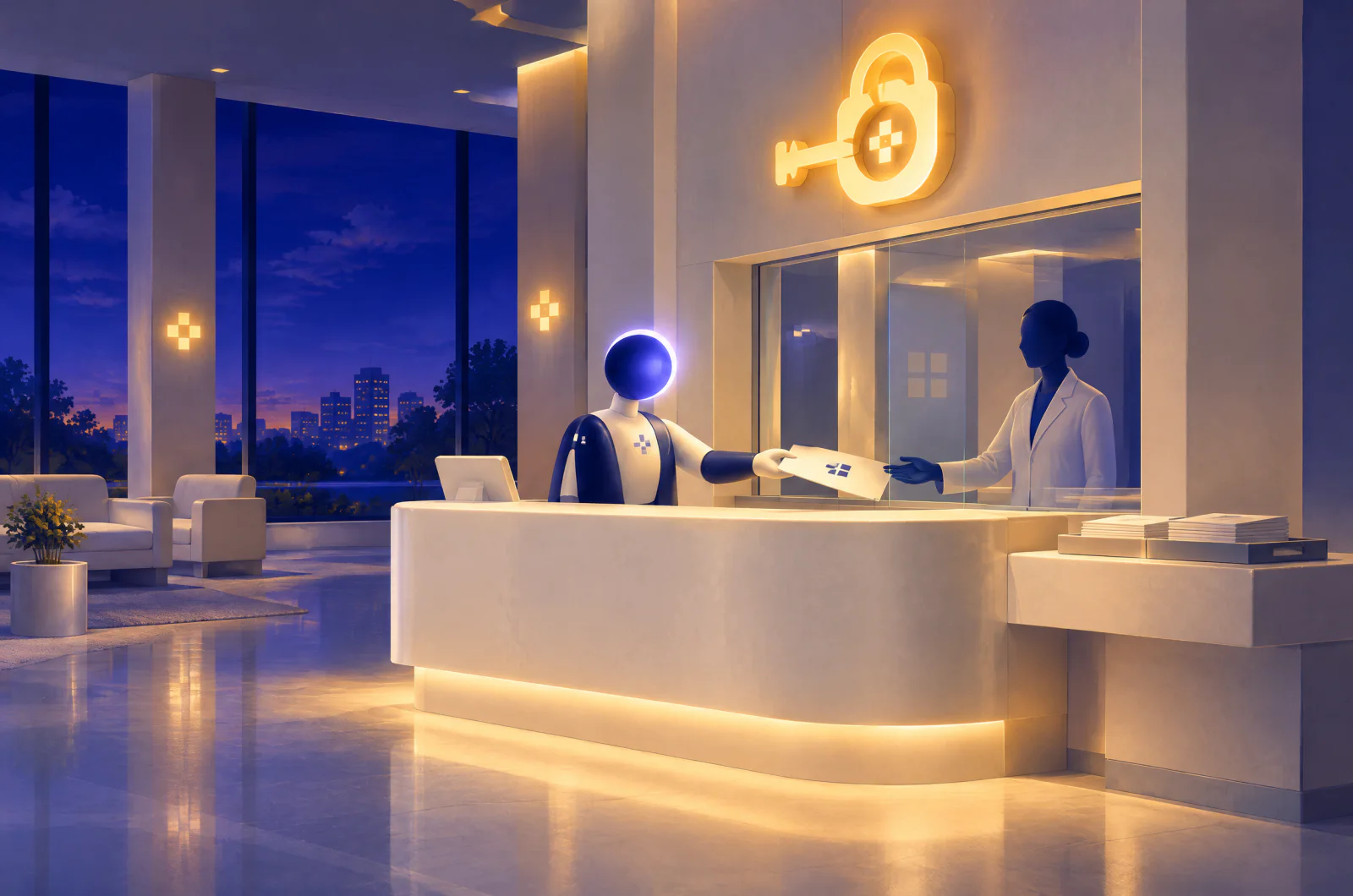 Illustrated clinic reception where a geometric AI assistant hands a sealed case folder to a clinician behind glass under a glowing key and padlock emblem
