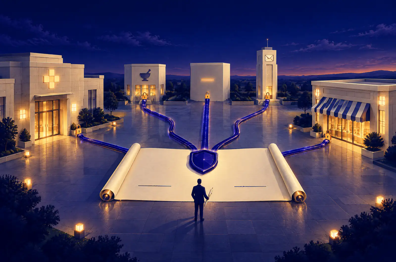 Illustrated dusk scene of a clinic building and a brand storefront joined by a long signed agreement scroll laid across a plaza, with a shield seal at its centre and sealed conduits running from the scroll to a pharmacy, a server block and a mail tower