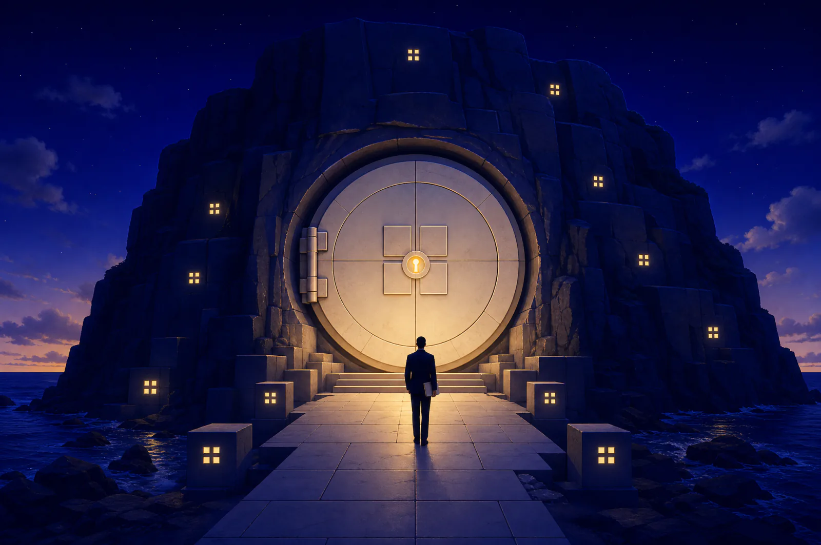 Illustrated round vault door in a cliff face with a glowing keyhole and a figure holding a folder