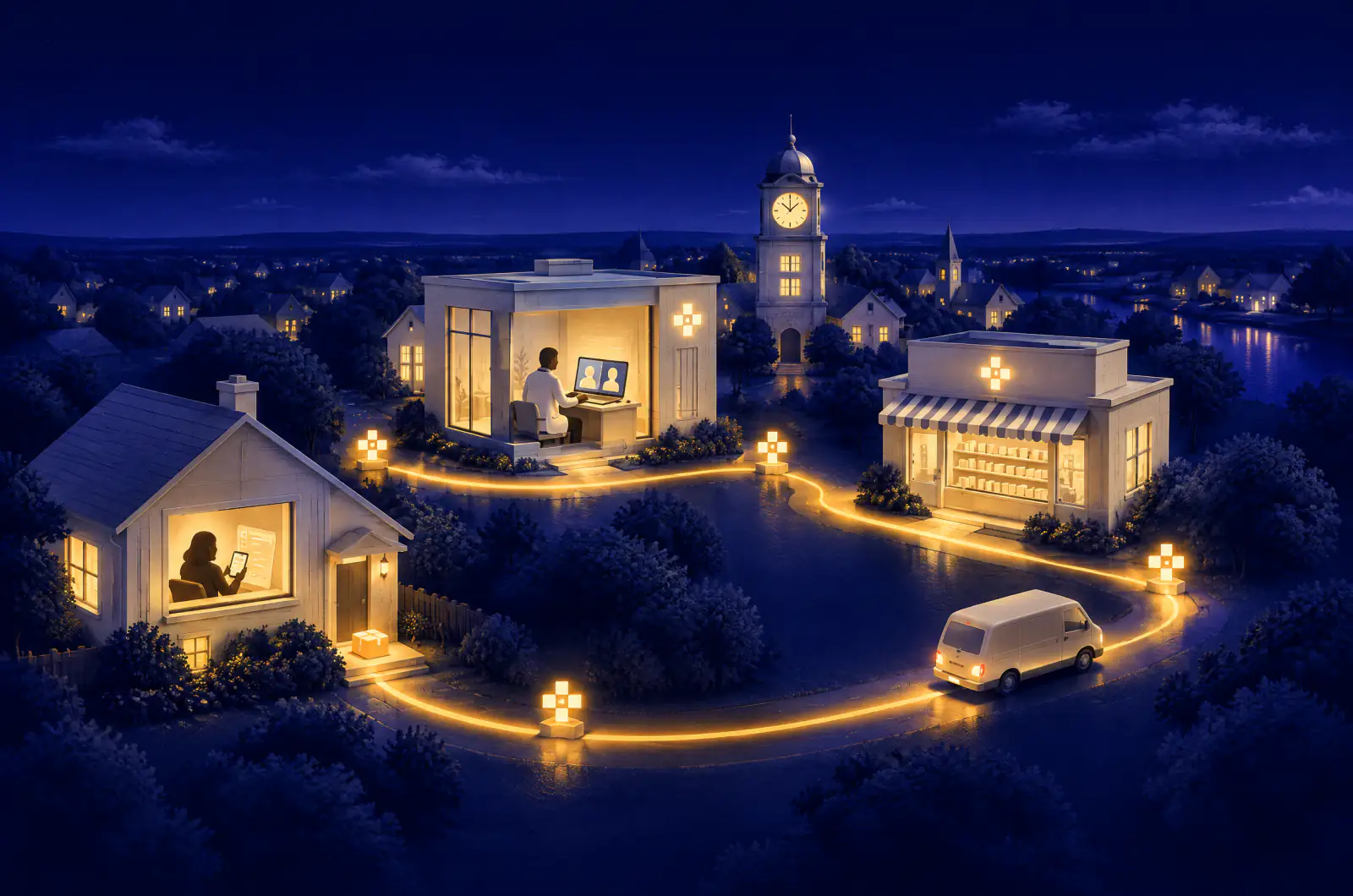 Illustrated town at dusk where a glowing path runs from a patient holding a phone intake form to a clinician on a video call, a pharmacy, and a delivery van leaving a parcel at the same door
