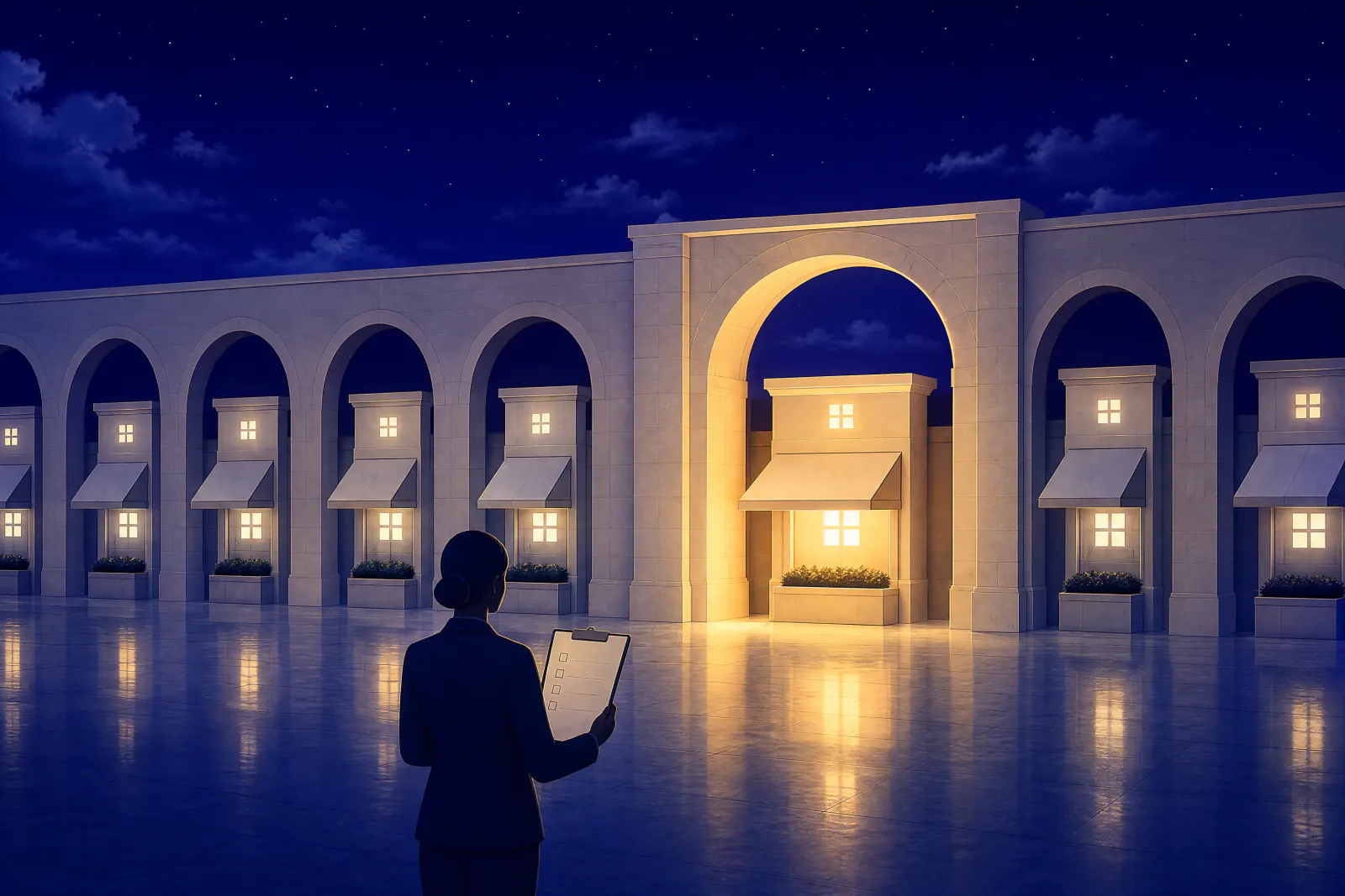 Illustrated hall of arched doorways each framing a storefront, one lit, a figure with a clipboard comparing them