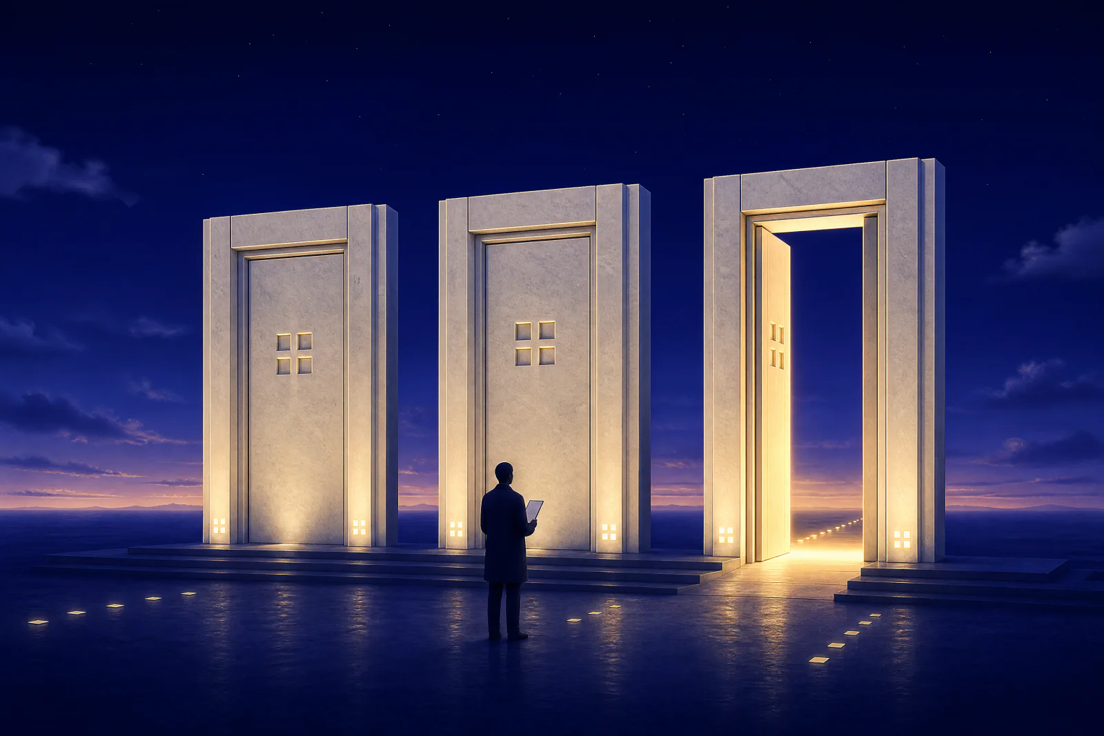 Illustrated row of three stone gates with embossed seals, a figure with a clipboard inspecting them, the third gate open to a lit road