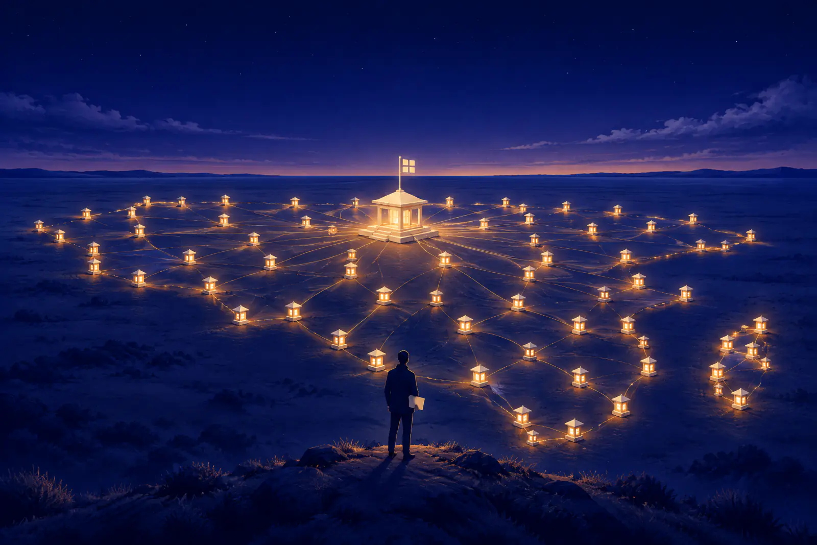Illustrated plain at dusk where lit stone lanterns trace the outline of a continent, each joined by threads of light to a central pavilion