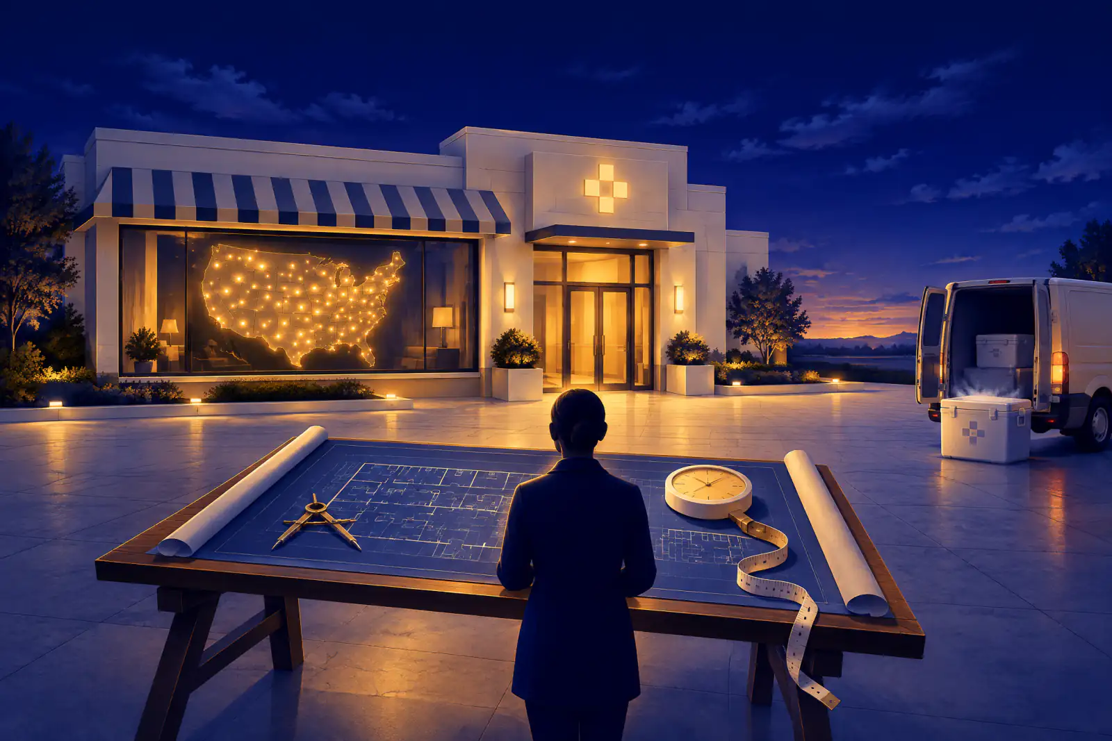 Illustrated dusk scene of a founder at a blueprint table holding a weighing scale and tape measure, a clinic window glowing with a US map, and a delivery van with a cold-chain cooler