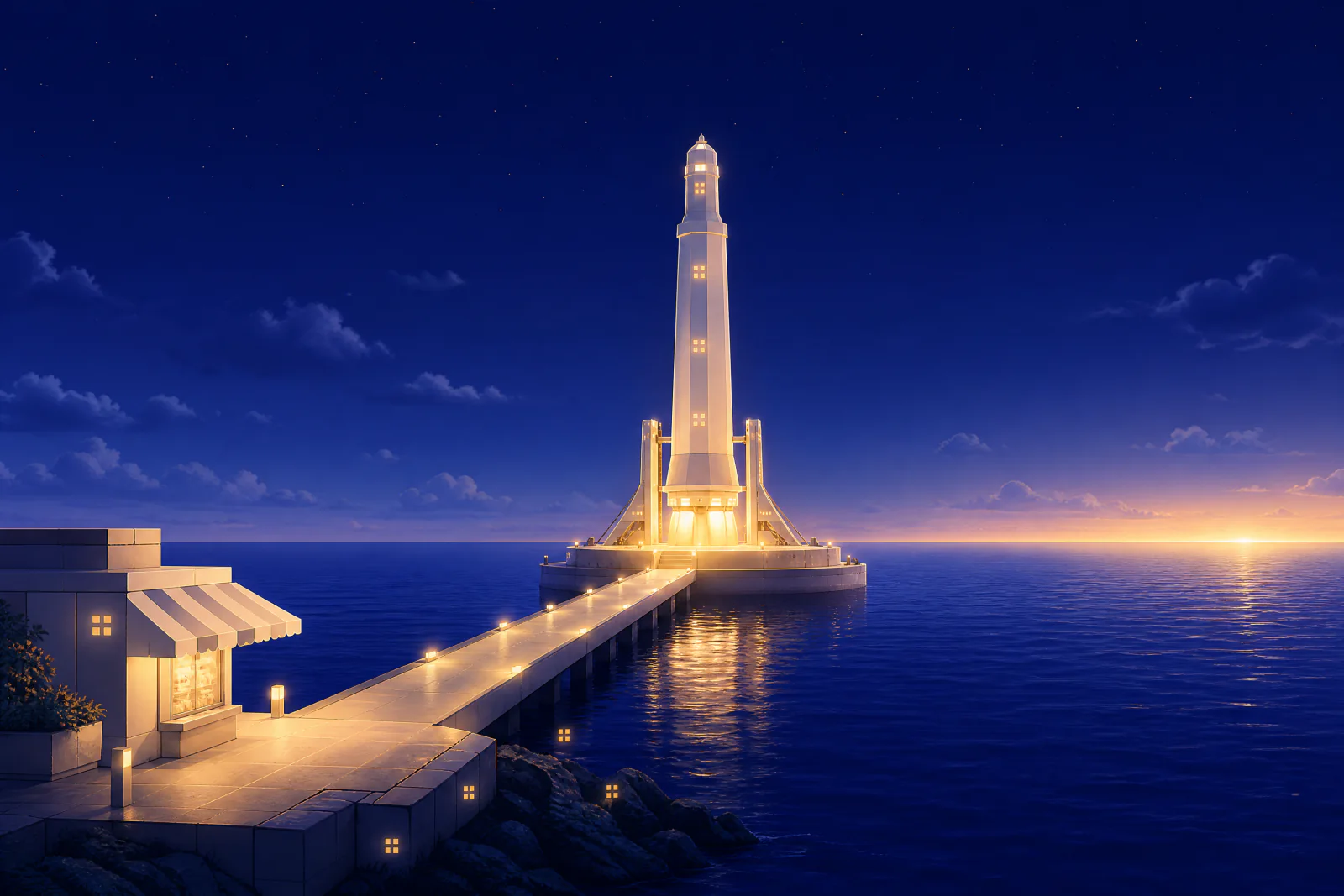 Illustrated slender lighthouse on a launch platform at dawn with a pier leading from a small storefront