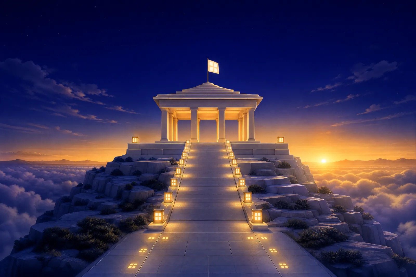 Illustrated pavilion on a high plateau at sunrise reached by a lantern-lined rising ramp