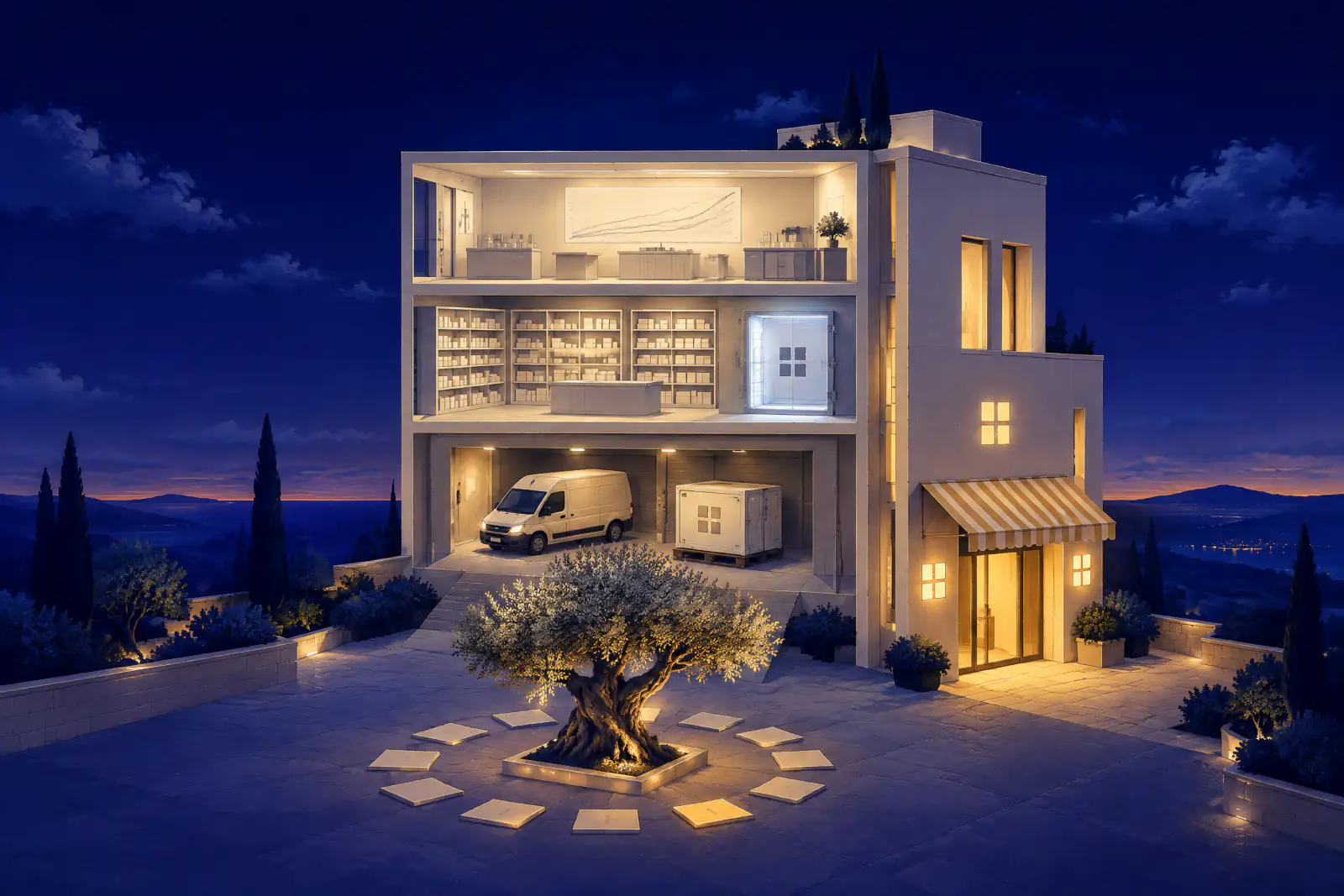 Illustrated dusk cutaway of a clinic with a lit storefront, a lab floor with a rising chart, a pharmacy with a cold vault, a delivery van, and an olive tree ringed by calendar tiles