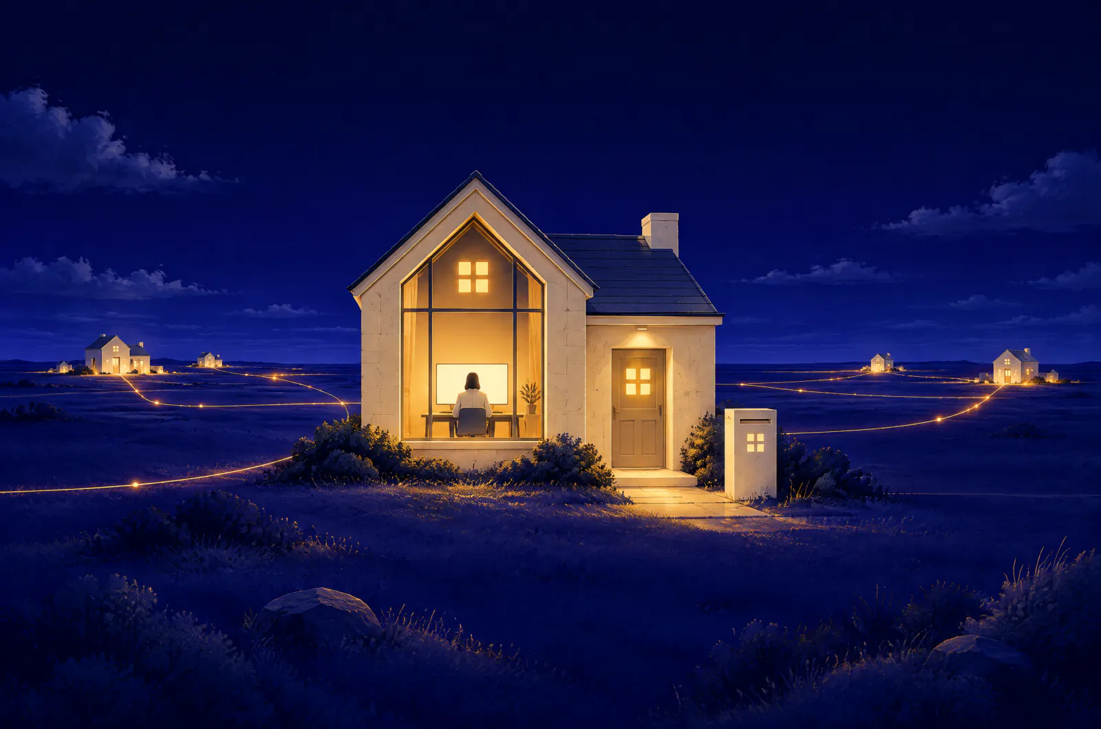 Illustrated stone house at dusk where a clinician in a white coat sits at a lit screen, threads of light running out to distant buildings