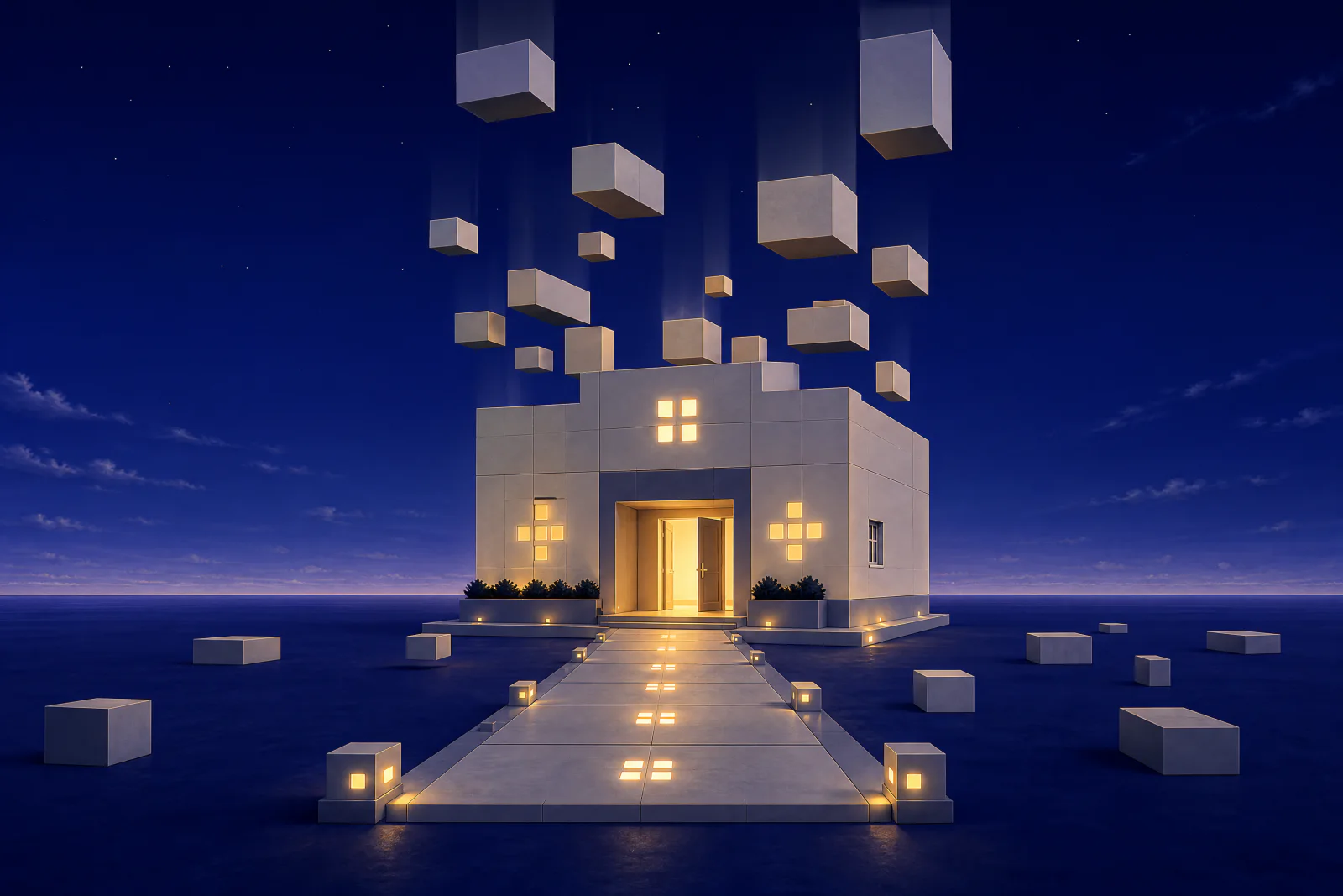 Illustrated small clinic building being assembled from floating stone blocks, its lit ground floor complete and a path leading to the open door