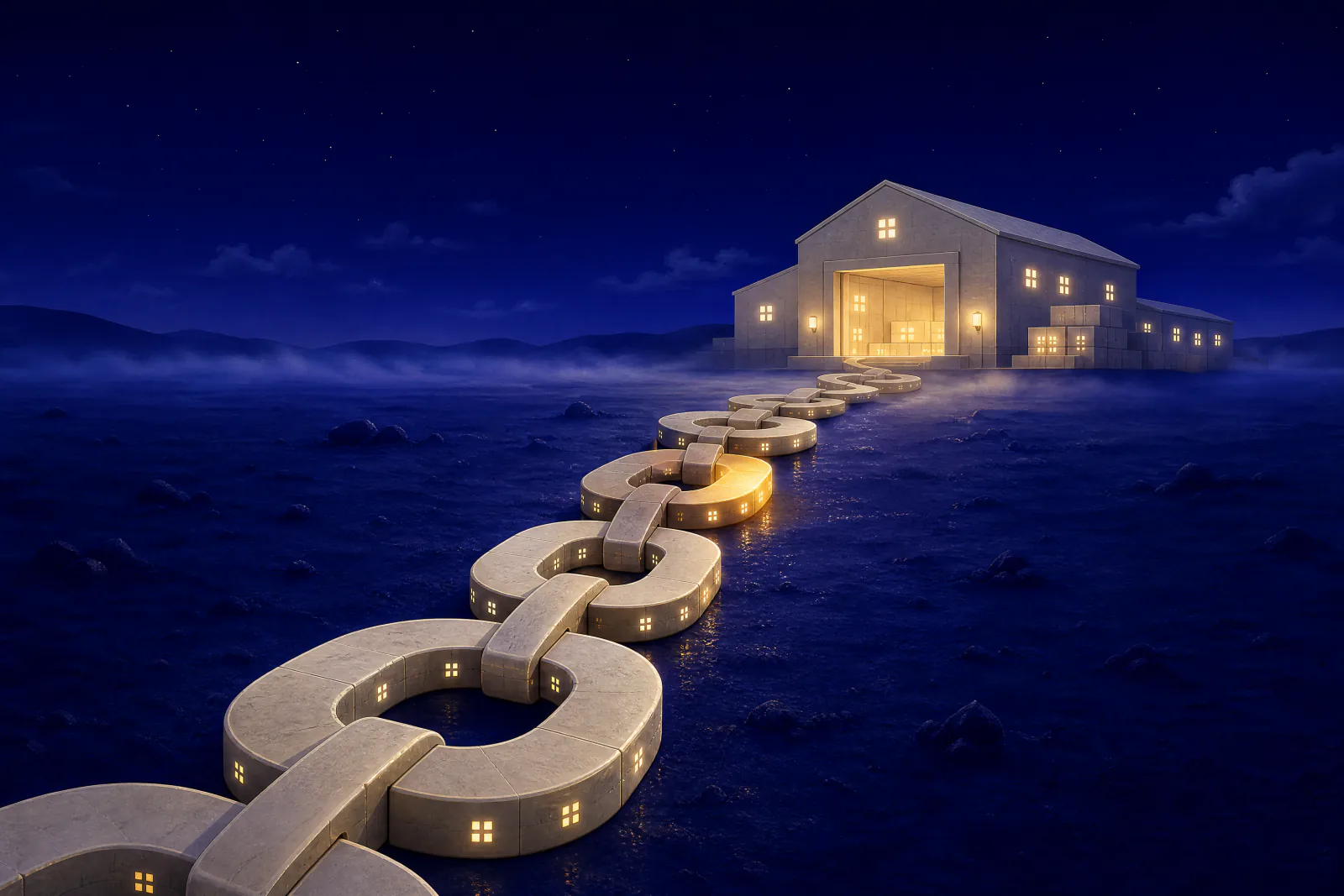 Illustrated chain of interlocking stone links forming a path across a plain toward a lit workshop