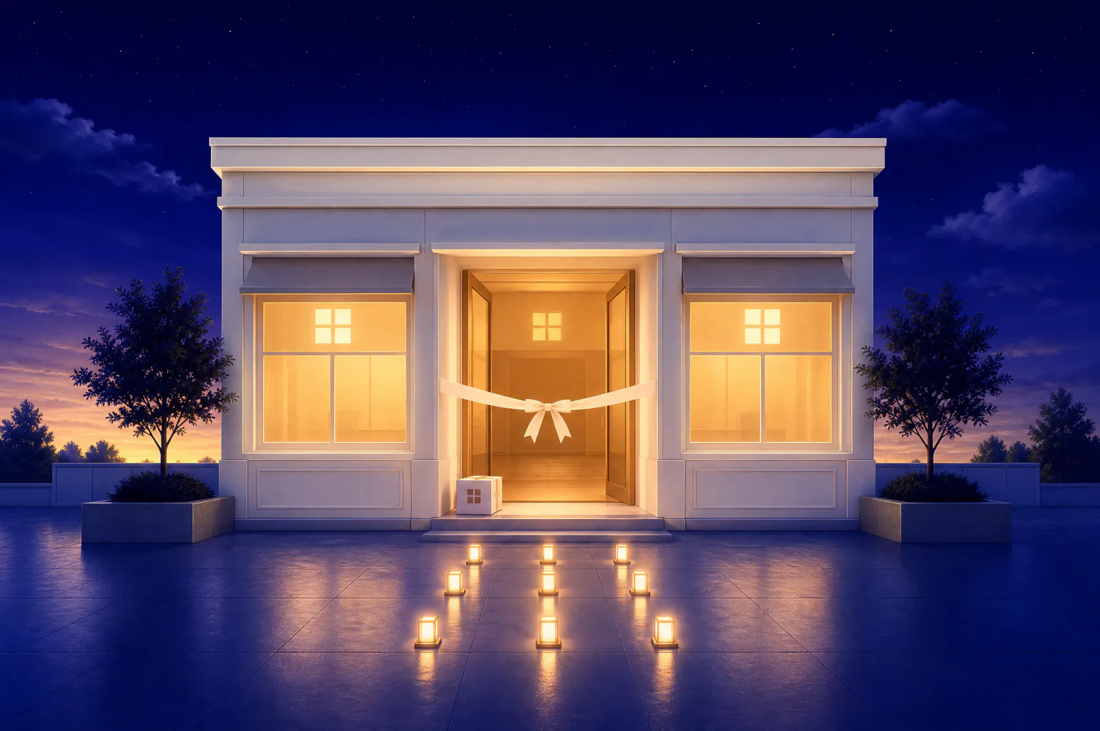 Illustrated storefront at dawn with a grand-opening ribbon, a parcel on the doorstep, and nine lamps along the path