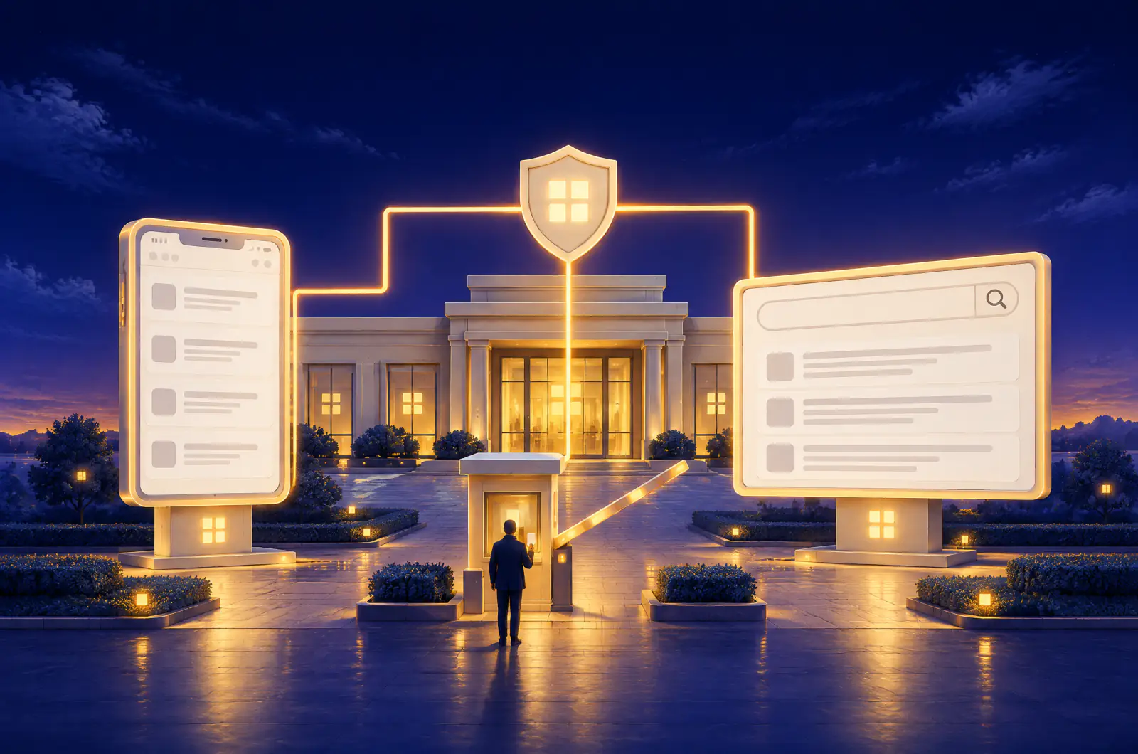 Illustrated storefront with a certification shield above the door, a gatehouse on the walkway, and two billboards, a smartphone feed and a search bar, lit by a line from the shield