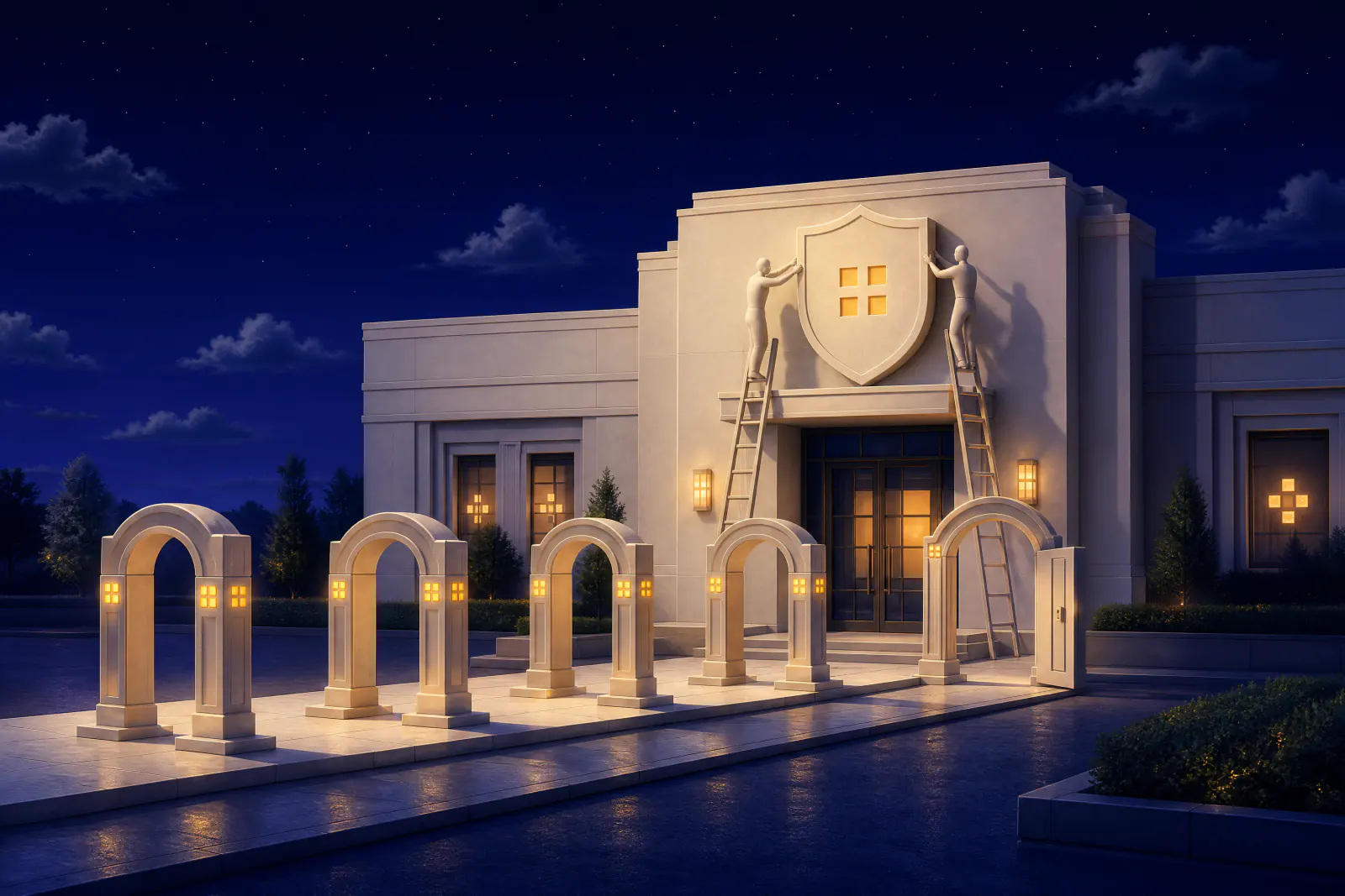 Illustrated storefront receiving a shield-shaped certification plaque, with four checkpoint arches on the walkway