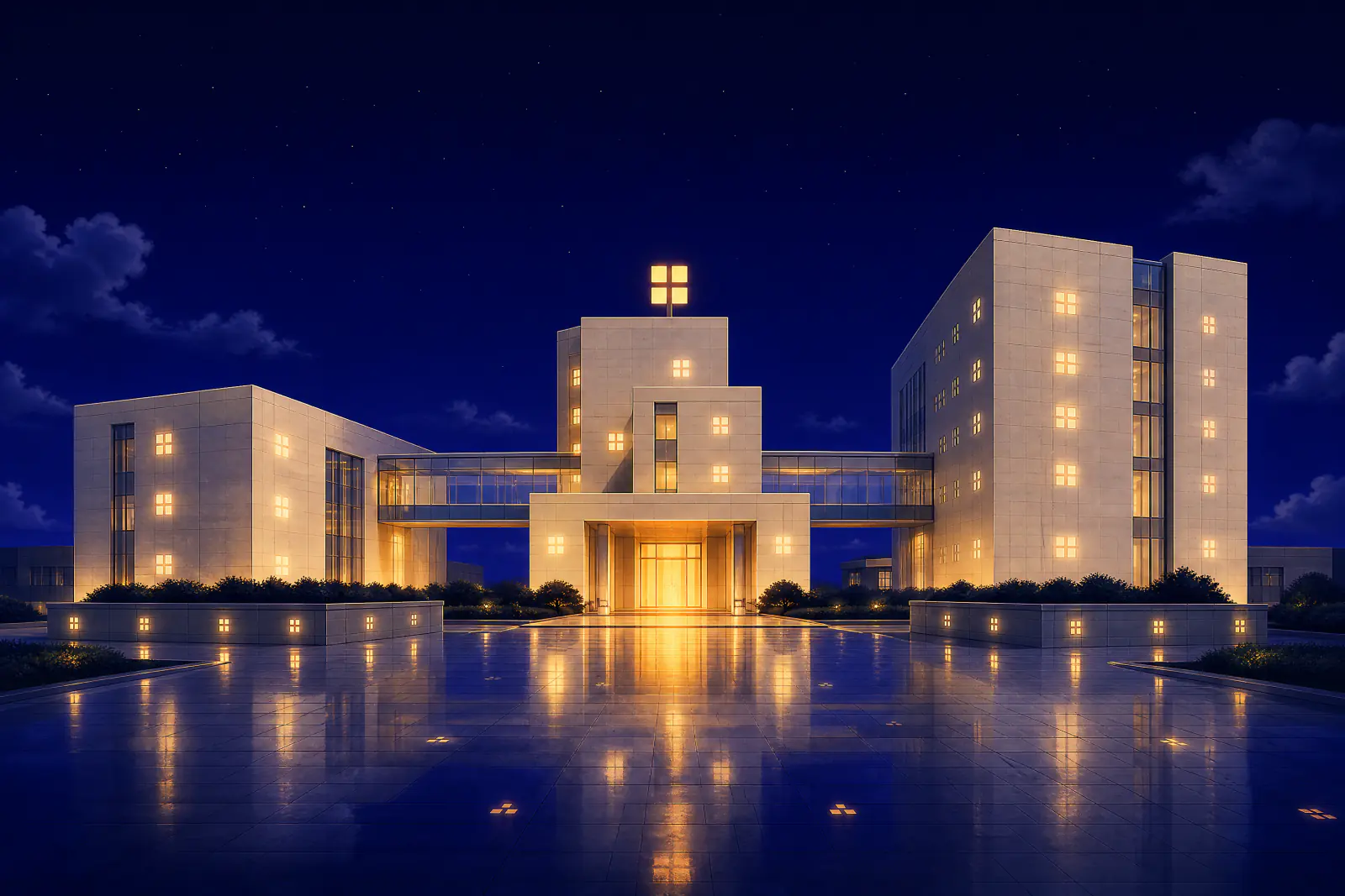 Illustrated complex of three cream pavilions joined by glass walkways under one lit entrance