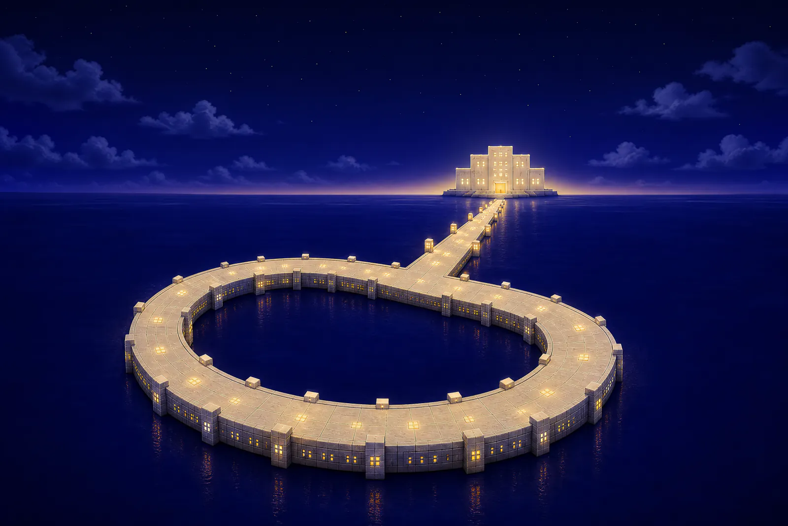 Illustrated roundabout with one road looping back on itself and a straight road leaving toward a lit building
