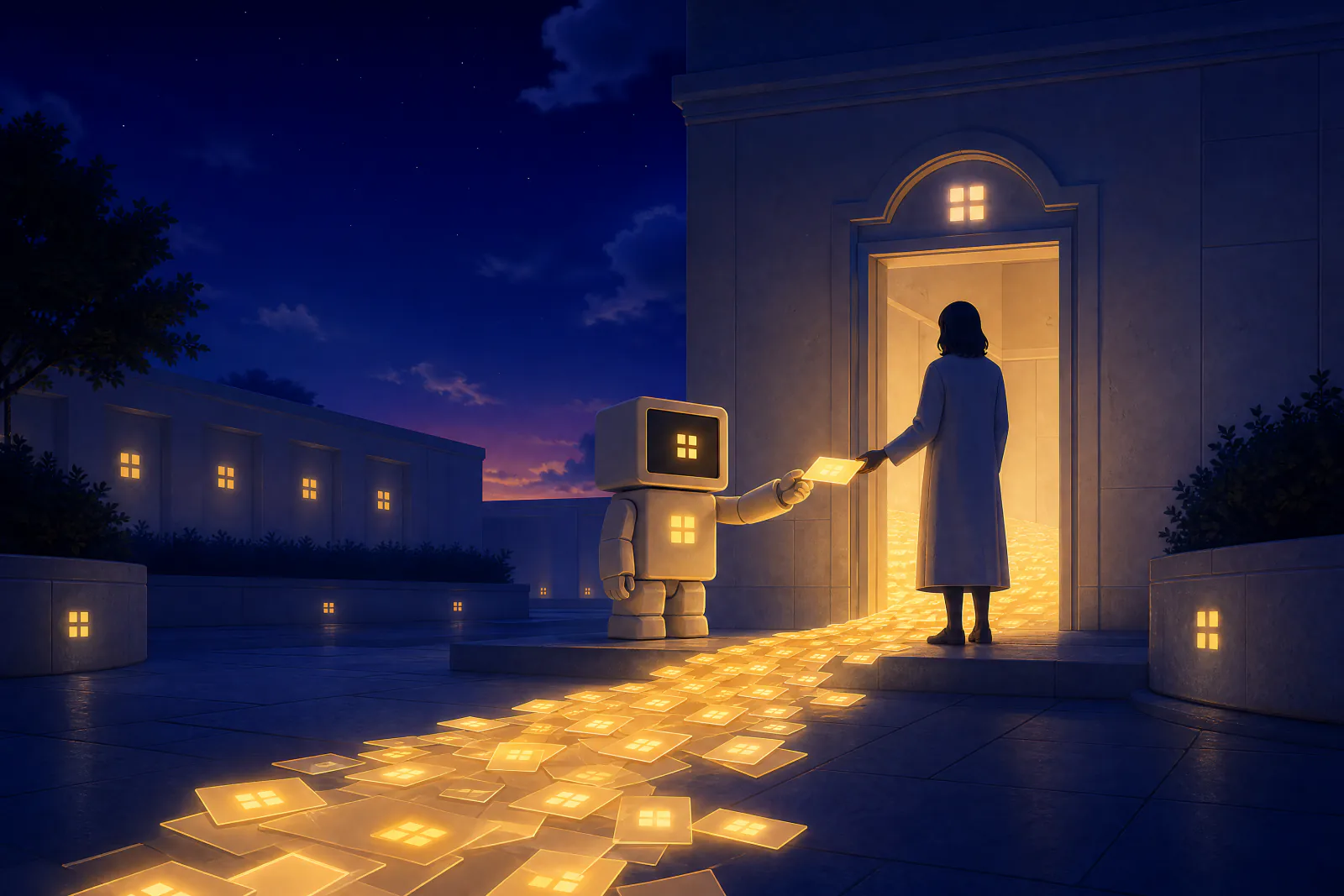 Illustrated assistant robot handing a glowing message card to a figure in a white coat at a lit doorway