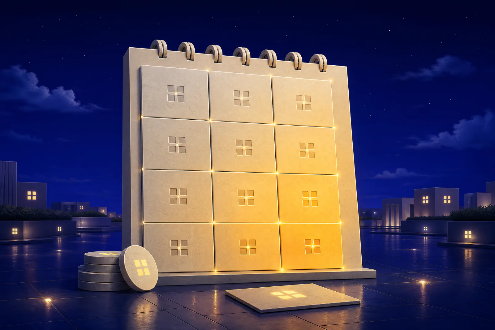 Illustrated twelve-tile calendar wall lit progressively warmer, with a stack of coins and a card in front