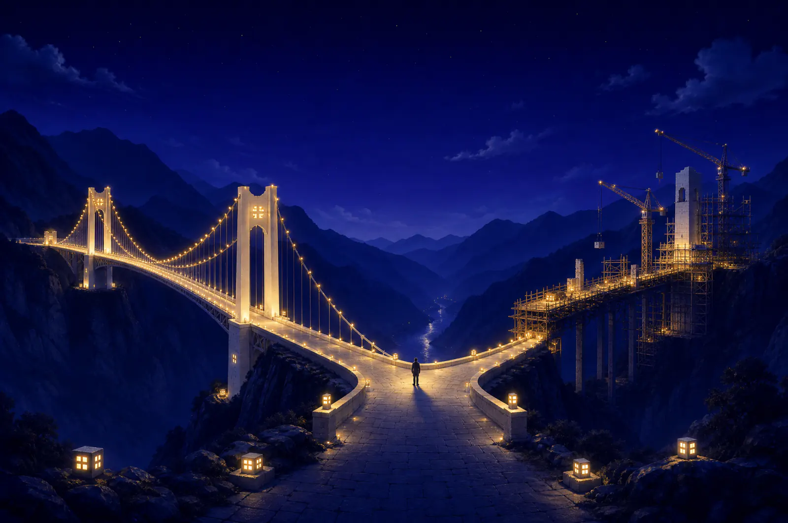 Illustrated valley with a finished suspension bridge beside a second bridge still in scaffolding