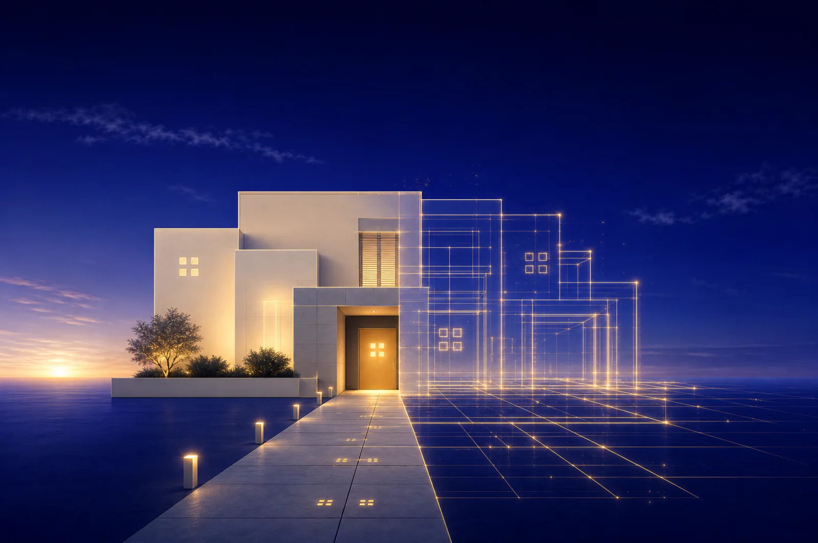 Illustrated clinic building rising from glowing blueprint lines, half built and half still drawn
