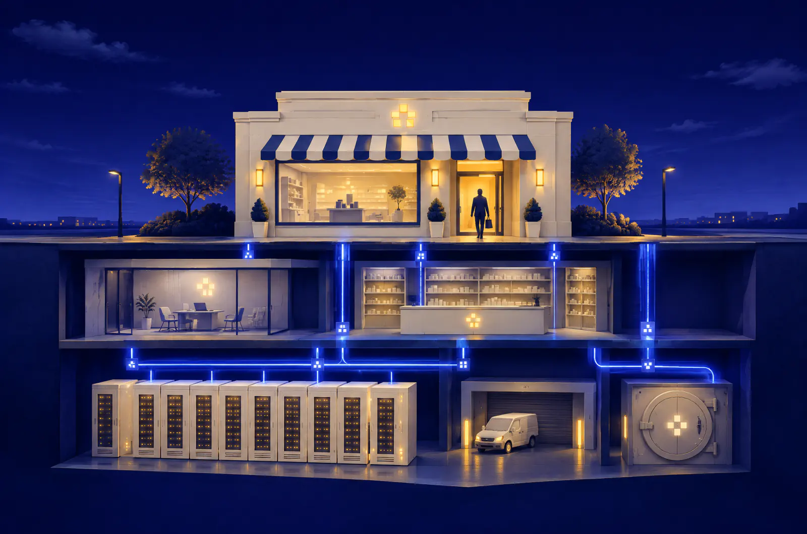 Illustrated cutaway of a lit storefront with a shopper at the door, above an engine room of server cabinets, a consultation room, a pharmacy counter, a delivery van and a vault, wired up into the shop
