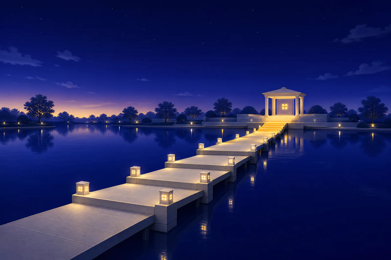 Illustrated boardwalk of lantern-marked segments crossing a lake toward a lit pavilion at first light