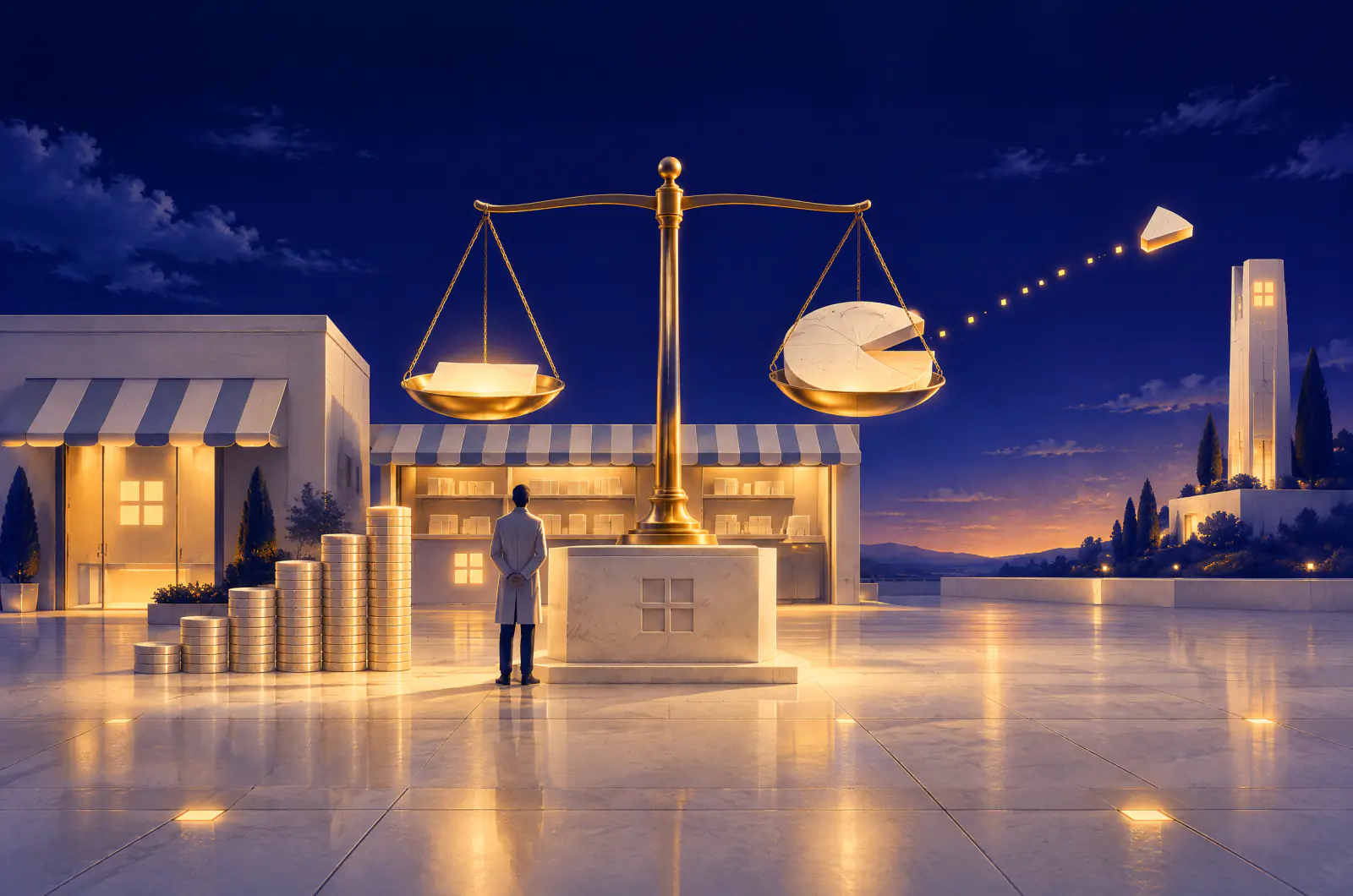 Illustrated dusk plaza with a brass balance scale weighing a flat glowing tile against a pie missing a slice, coin stacks rising beside it and a pharmacy counter behind