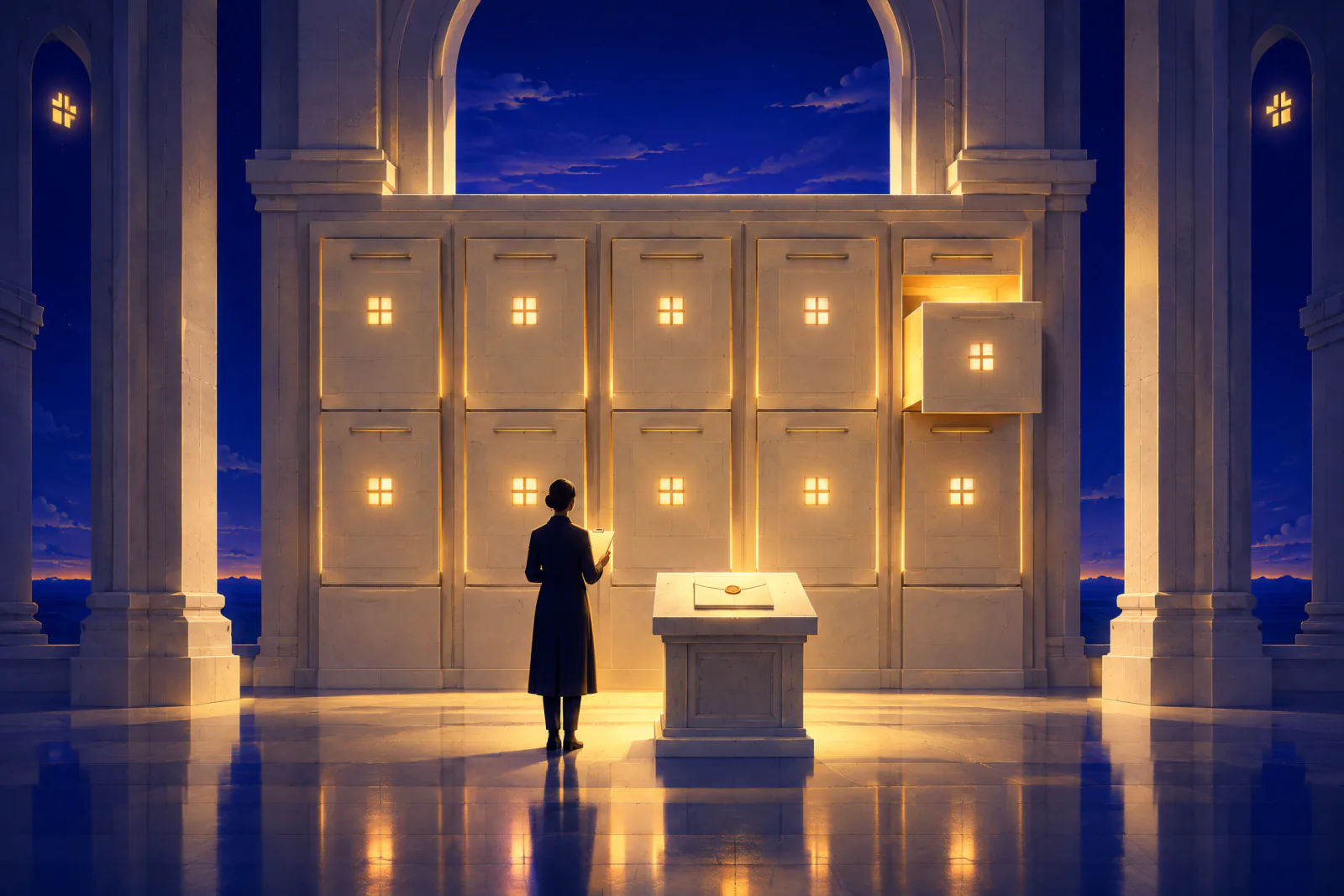 Illustrated stone archive at dusk where a figure with a clipboard checks a row of ten lit document drawers, one sealed folder glowing on a lectern