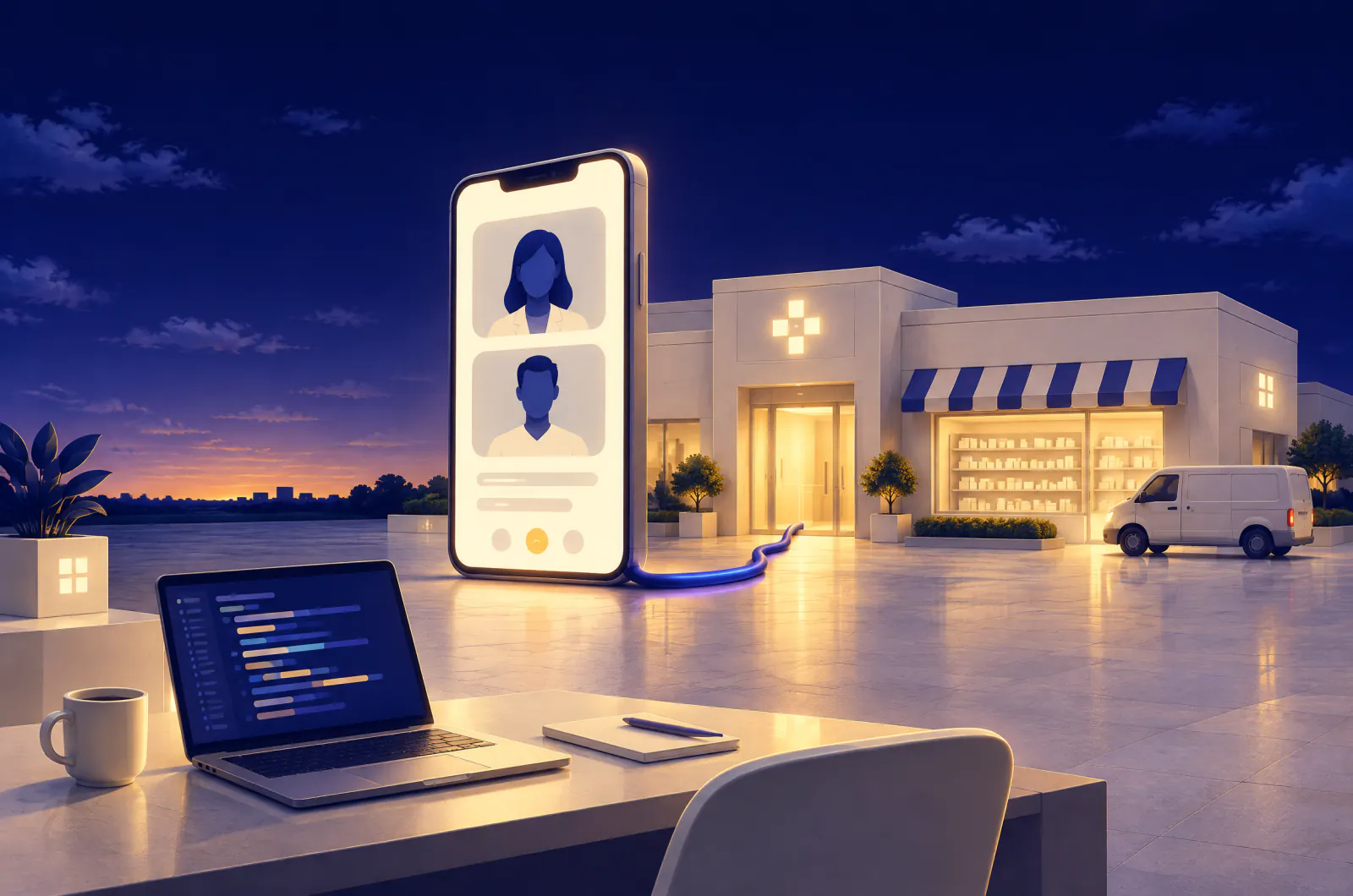 Illustrated giant smartphone showing a video visit, plugged by an indigo cable into a clinic with a pharmacy and delivery van, beside a developer desk with a laptop of code