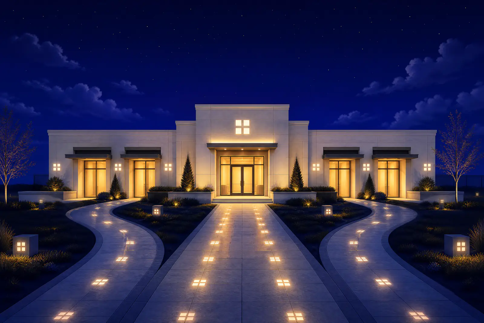 Illustrated storefront with a newly added second wing, two paths merging into one walkway under a shared sign
