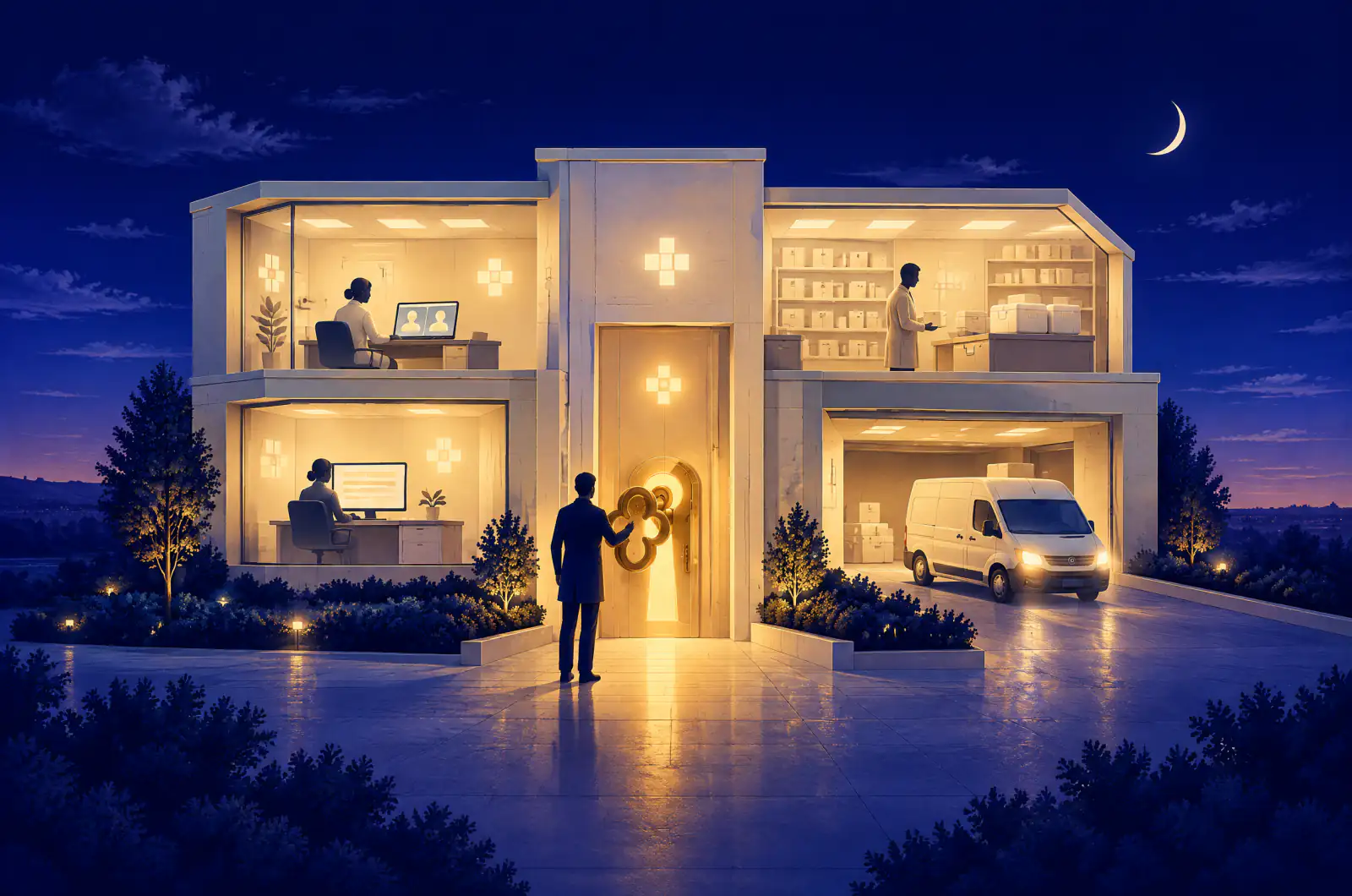 Illustrated founder turning an oversized brass key in the door of a lit clinic where a clinician holds a video visit, a pharmacist packs parcels and a delivery van leaves under a crescent moon