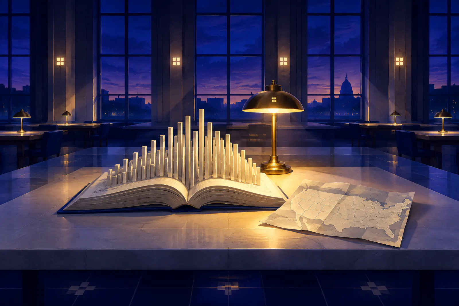 Illustrated reading room at dusk where an open bound report rises into a bar chart of fifty columns beside a folded map of the United States and a brass lamp