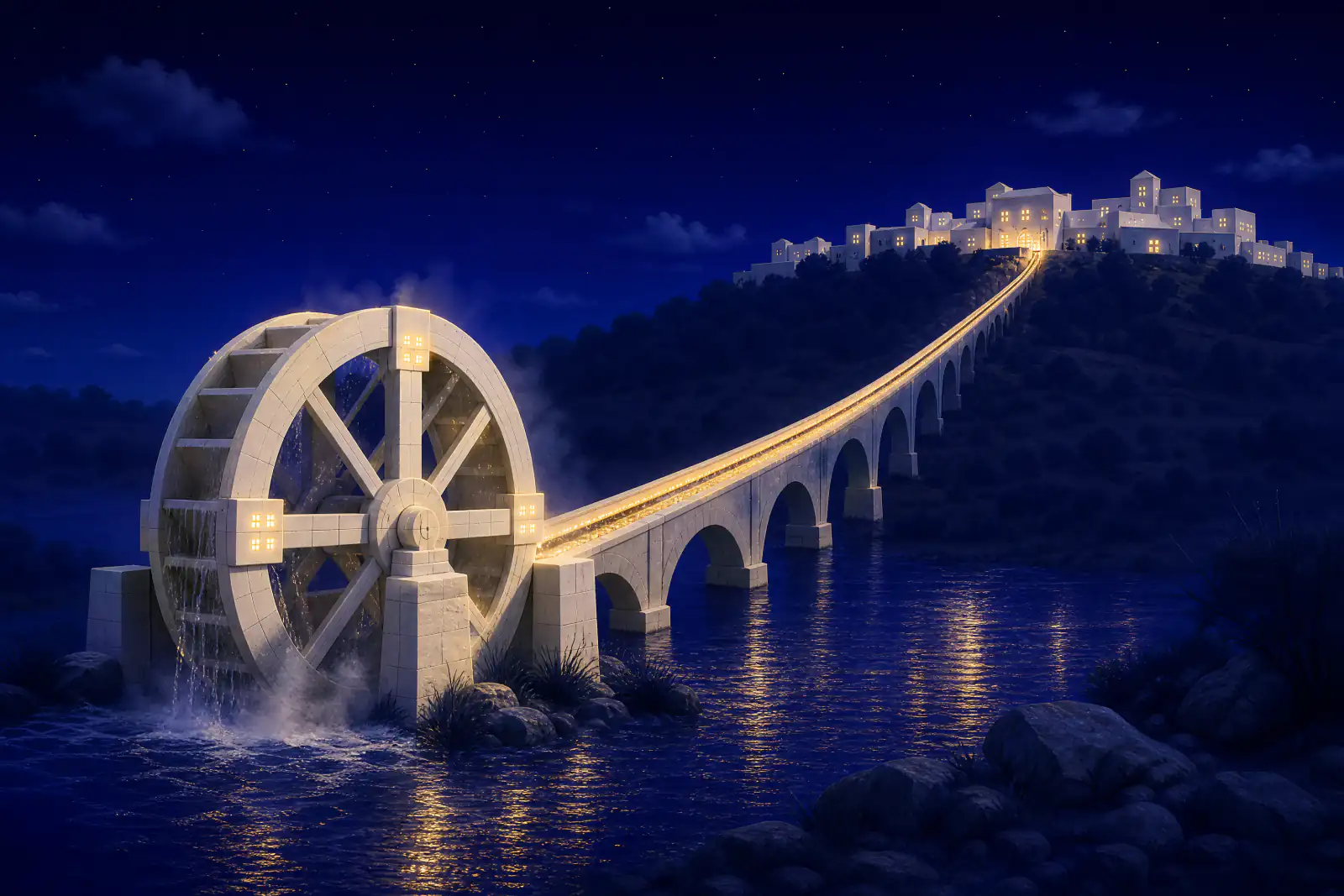 Illustrated water wheel turning in a river beside a straight aqueduct carrying light to a town on the ridge