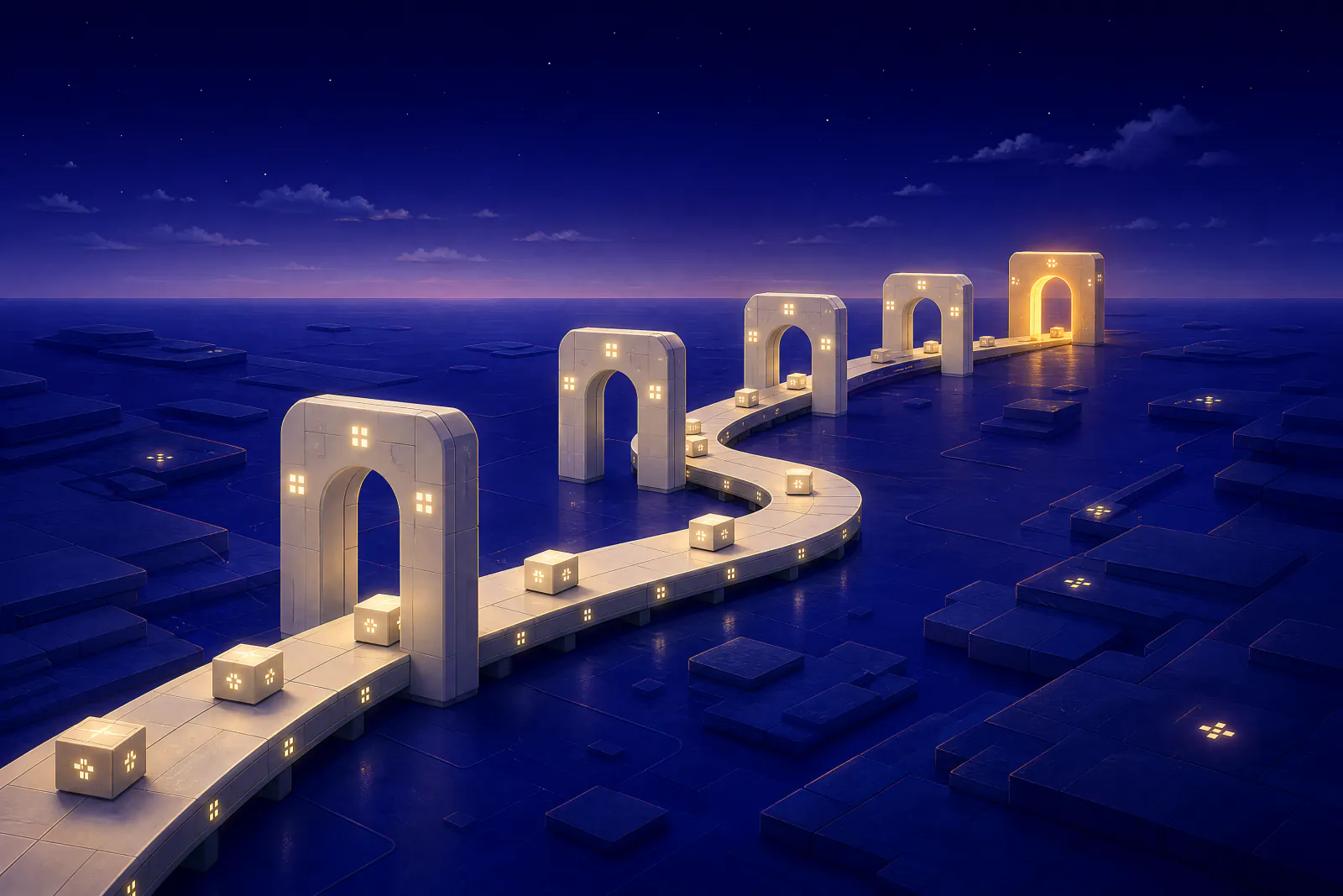 Illustrated conveyor path carrying glowing parcels through four lit archways across an indigo plain