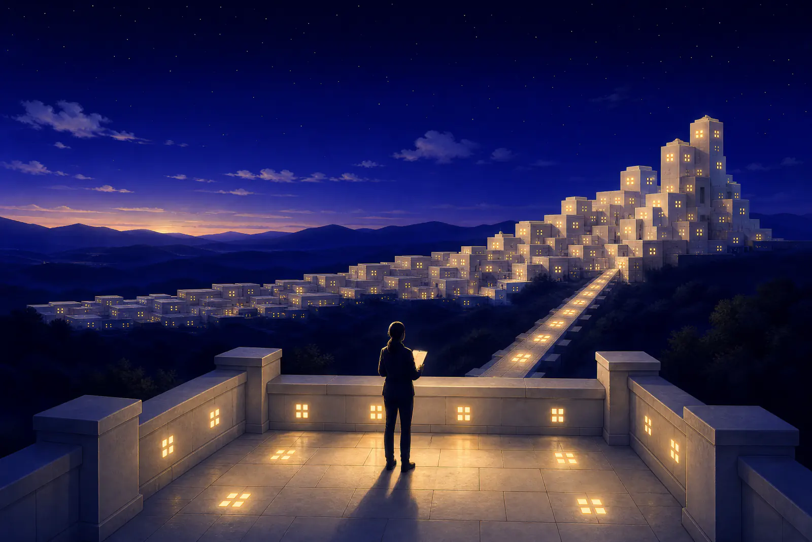 Illustrated lookout terrace where a figure with a clipboard overlooks a valley of stone buildings rising in lit tiers like a bar chart