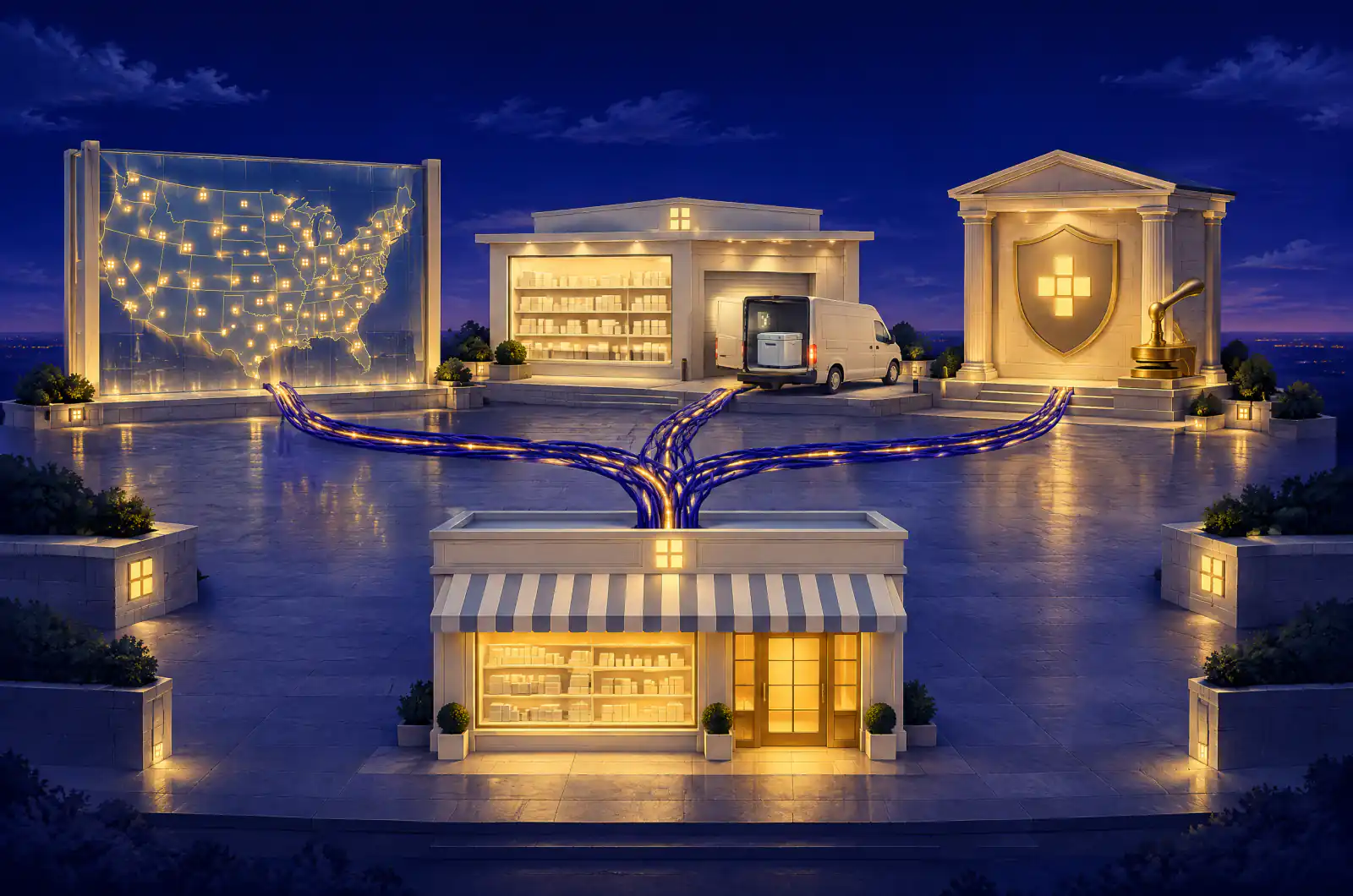 Illustrated storefront at dusk fed by three glowing conduits from a US map of provider nodes, a pharmacy with a delivery van loading a cooler, and a shield plaque with a seal