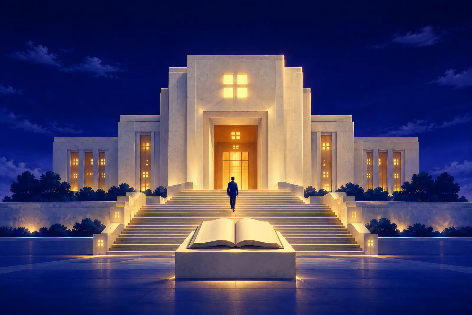Illustrated stone civic building at dusk with a square-cross emblem above a lit doorway, an open ledger on a plinth, and a figure climbing the steps